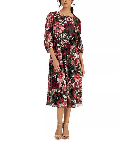 Puff-Sleeve Floral-Print Midi Dress Kelp/Chianti