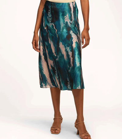 Printed Wash Satin Flared Skirt Ocean Blue Multi