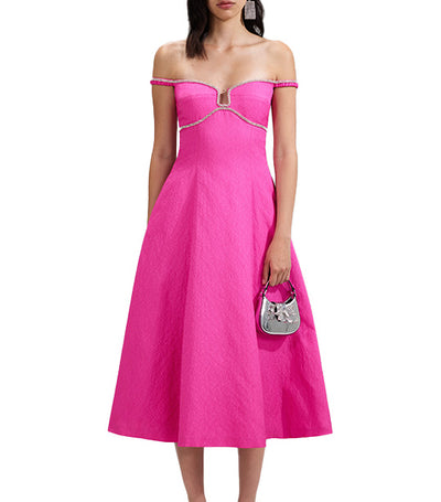 Textured Diamante Detail Midi Dress Pink