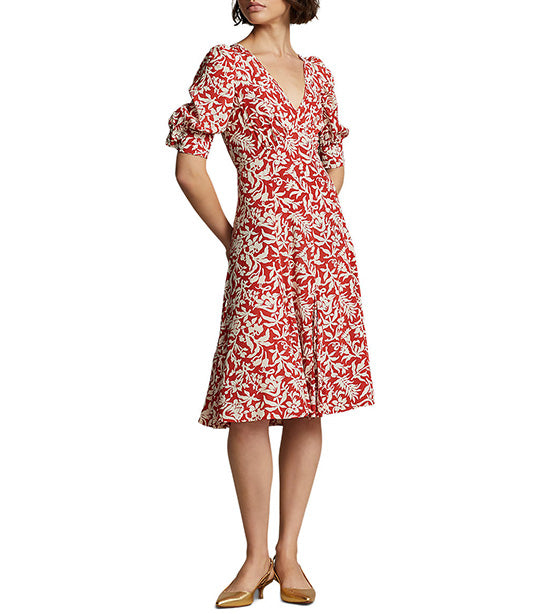 Women’s Floral Mutton-Sleeve Godet Crepe Dress