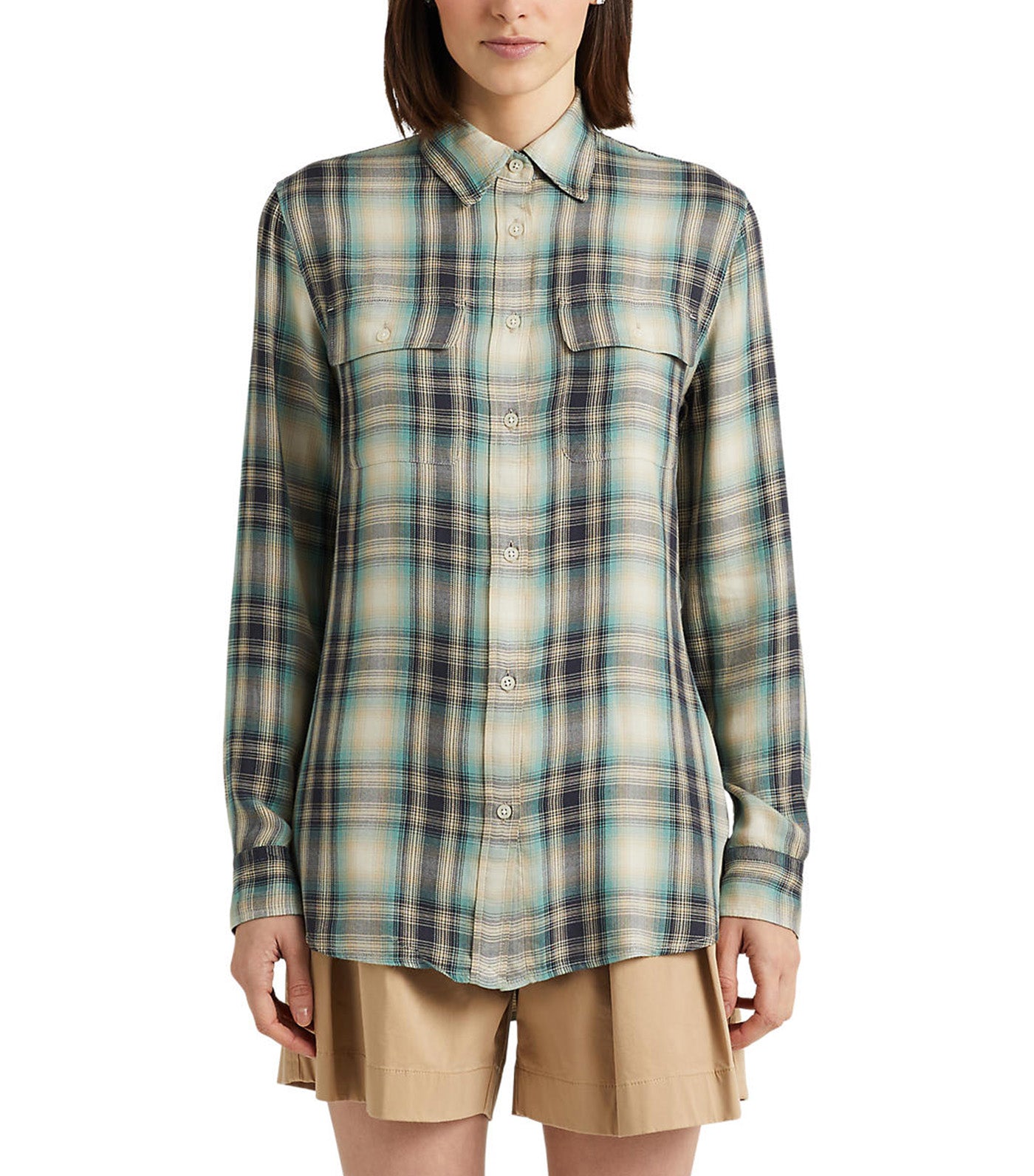 Women's Oversized Plaid Twill Shirt Blue/Green Plaid