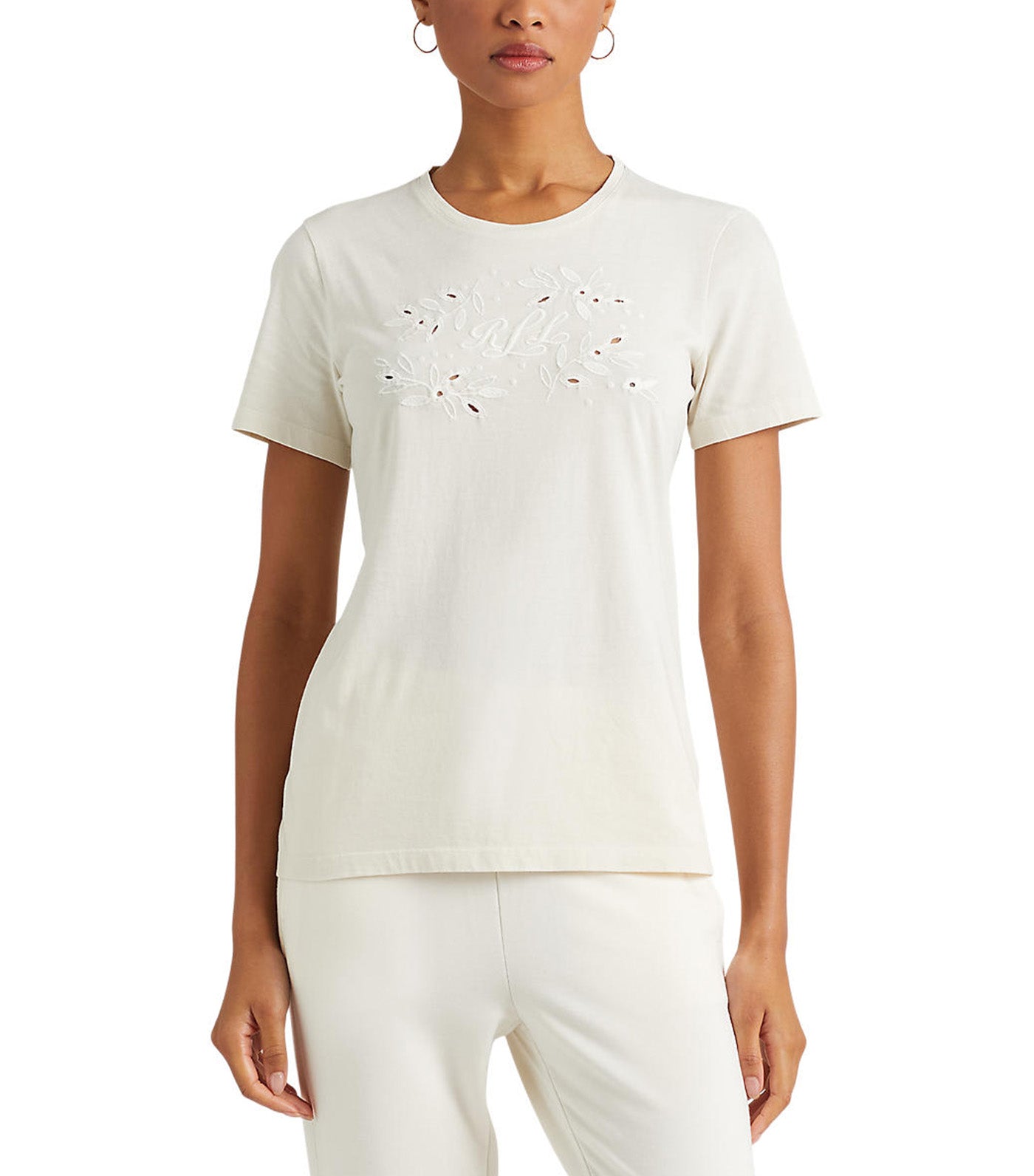 Women's Eyelet Logo Cotton-Blend Tee Natural