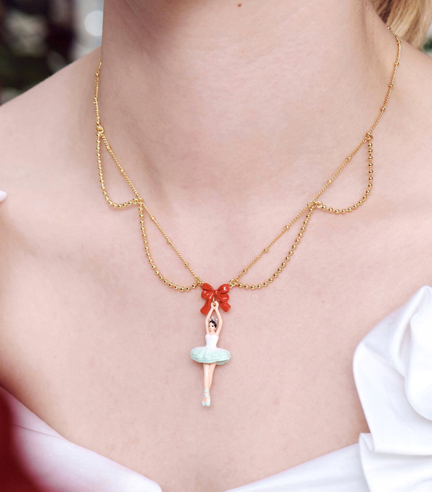 Ballerina And Red Bow Pendant Necklace