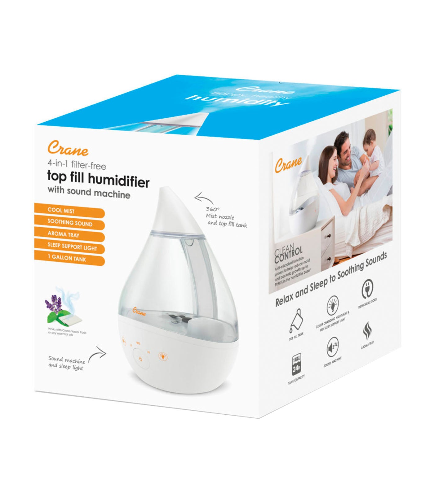 crane 4-in-1 filter-free top fill humidifier with sound machine