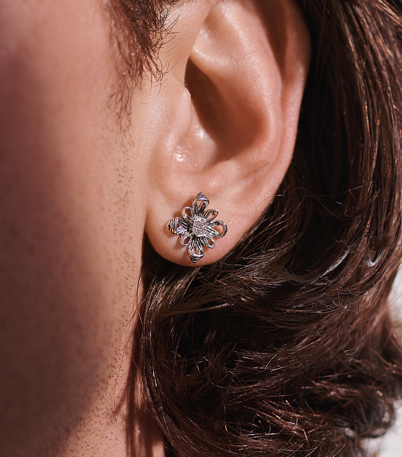 Canang Sari Stud Earring Sterling Silver with 0.05ct DIamonds