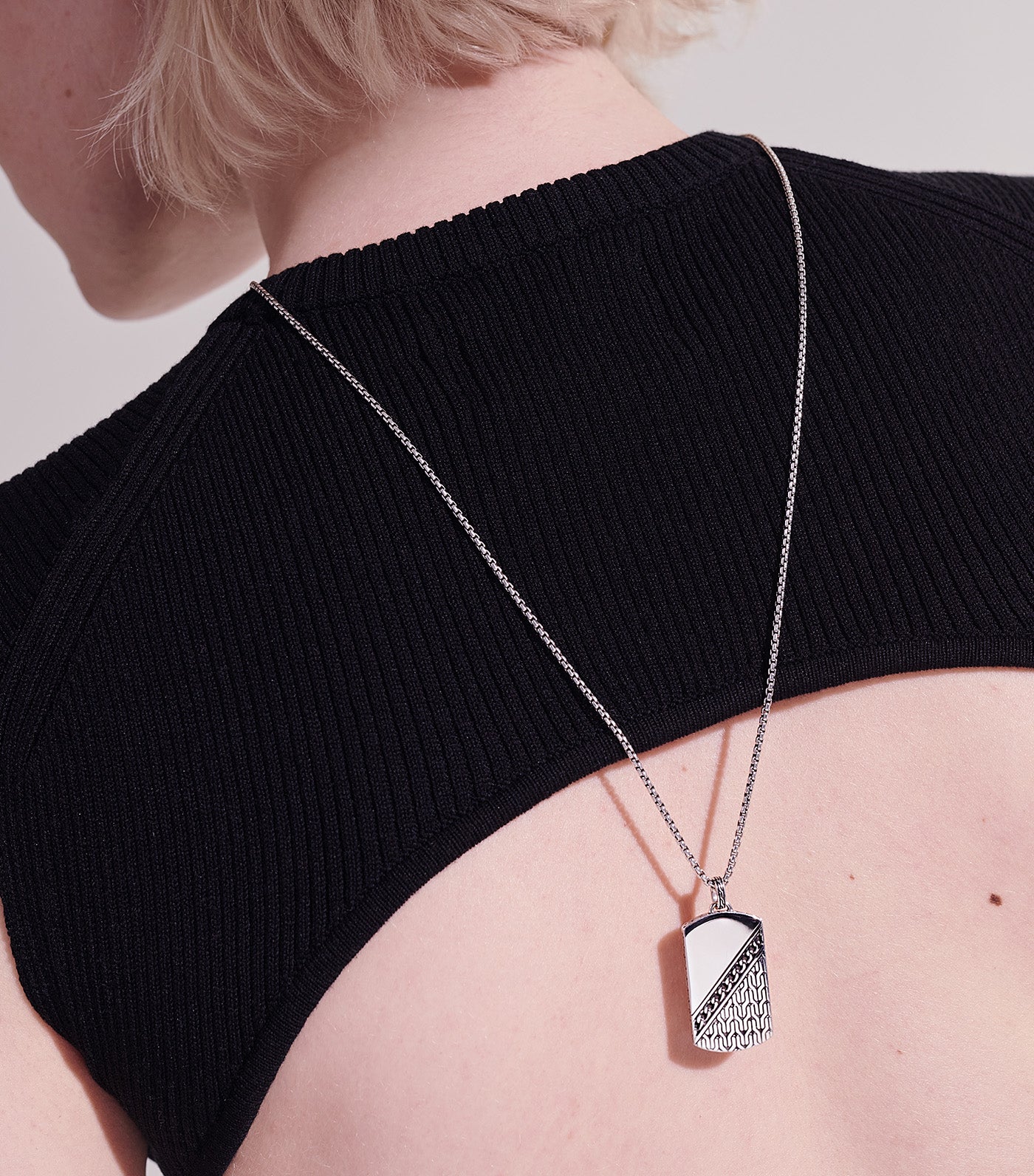 Carved Chain Dog Tag Pendant 2.7mm Box Chain Necklace Sterling Silver 24 Inches