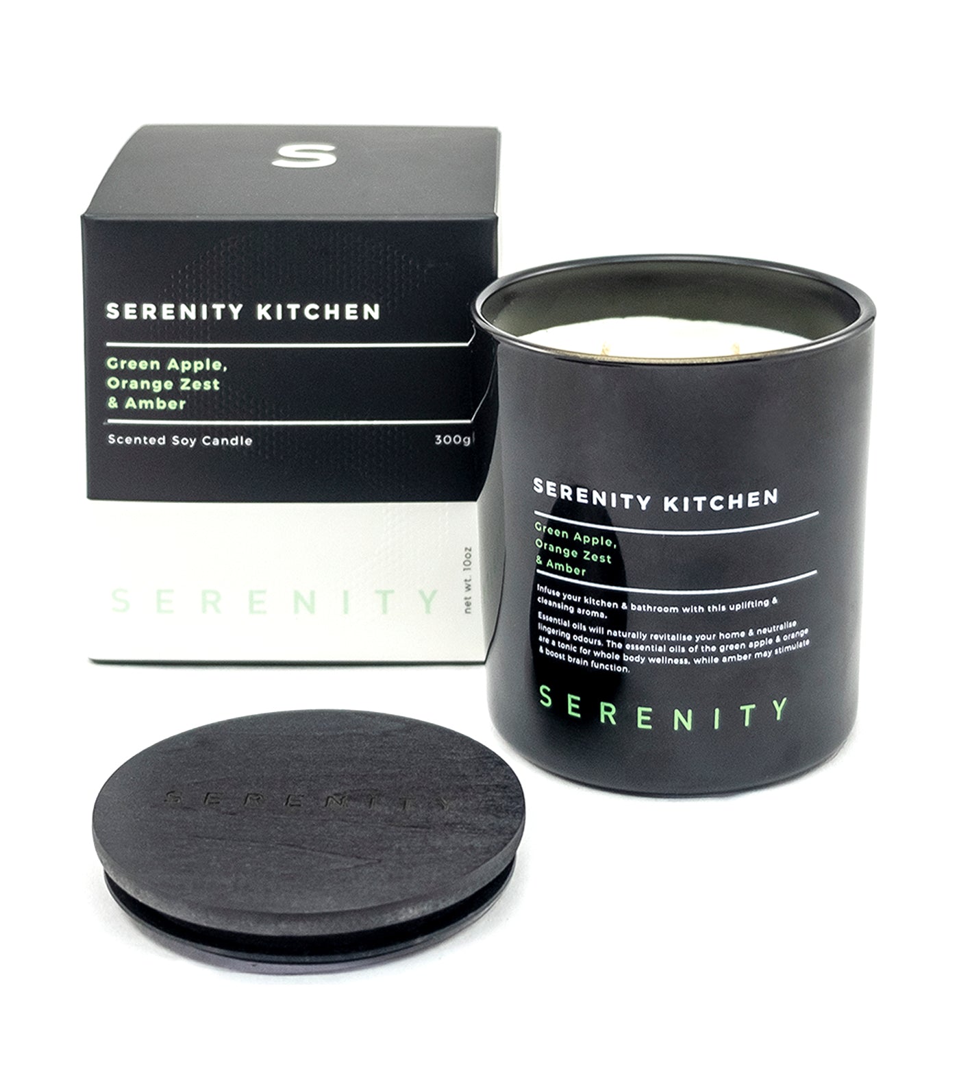 serenity green apple, orange zest, and amber scented candle
