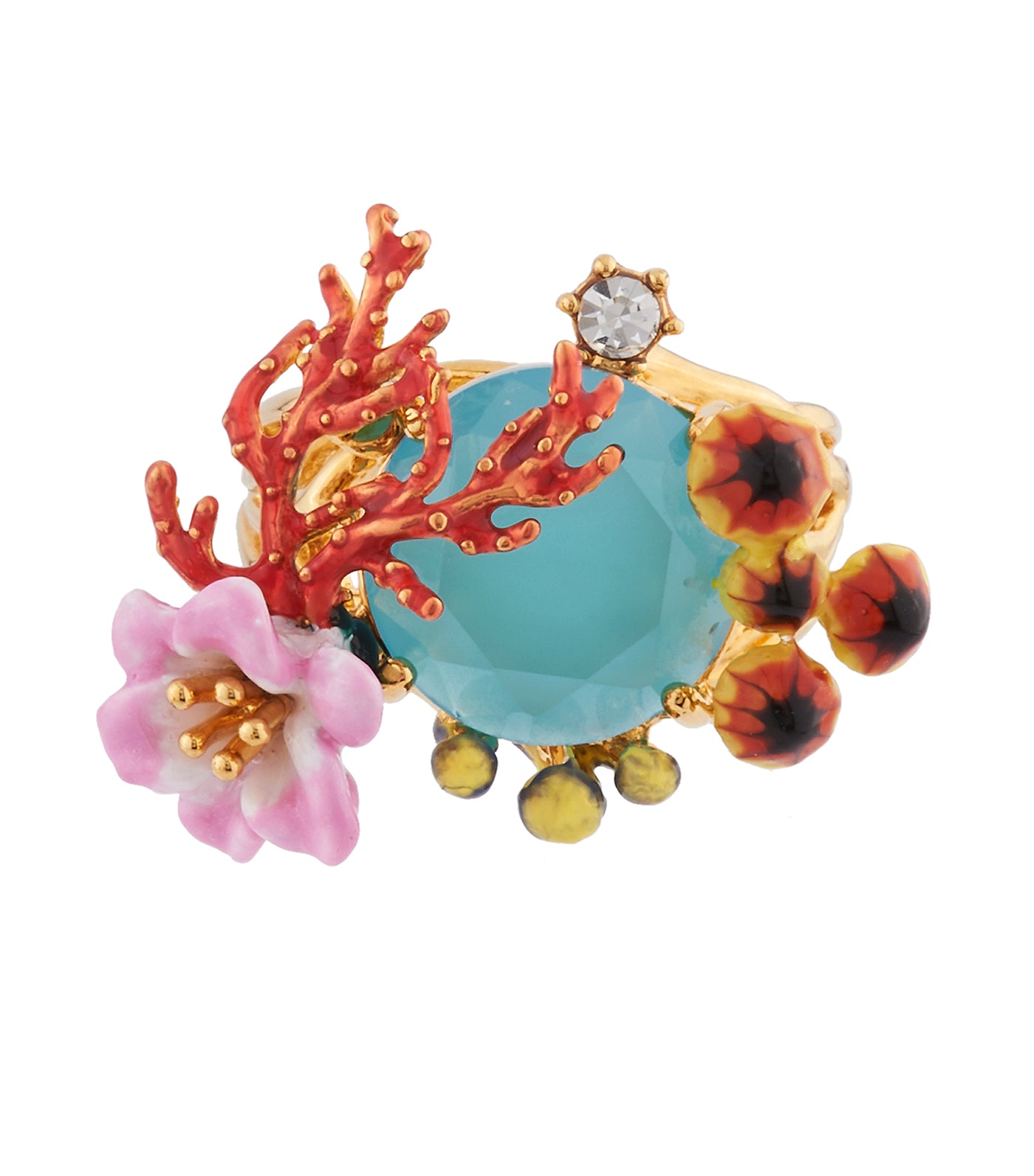 les néréides corals, aquatic mushrooms and flowers on faceted glass ring