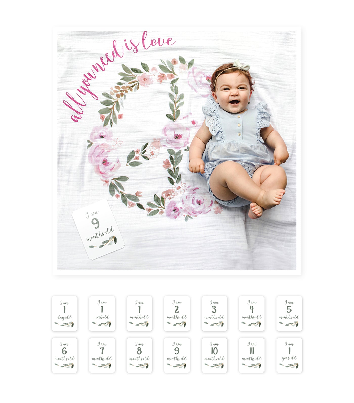lulujo pink milestone blanket and card set - all you need is love