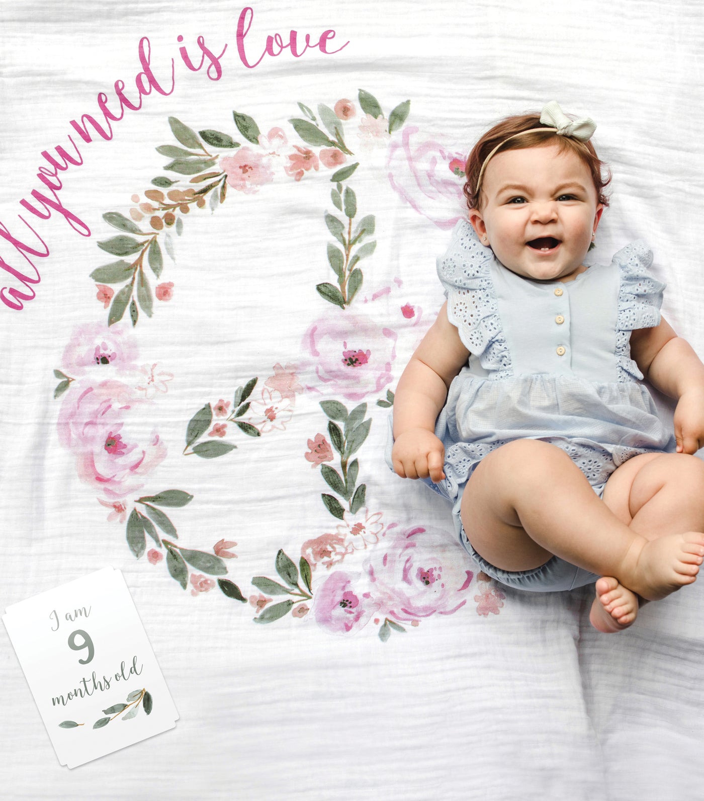 lulujo pink milestone blanket and card set - all you need is love