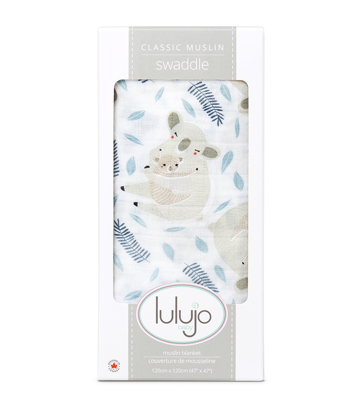 lulujo blue cotton muslin swaddling blanket - koala