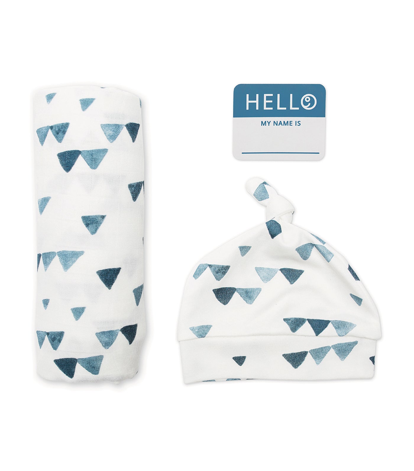 lulujo navy triangle bamboo swaddling blanket and matching bonnet