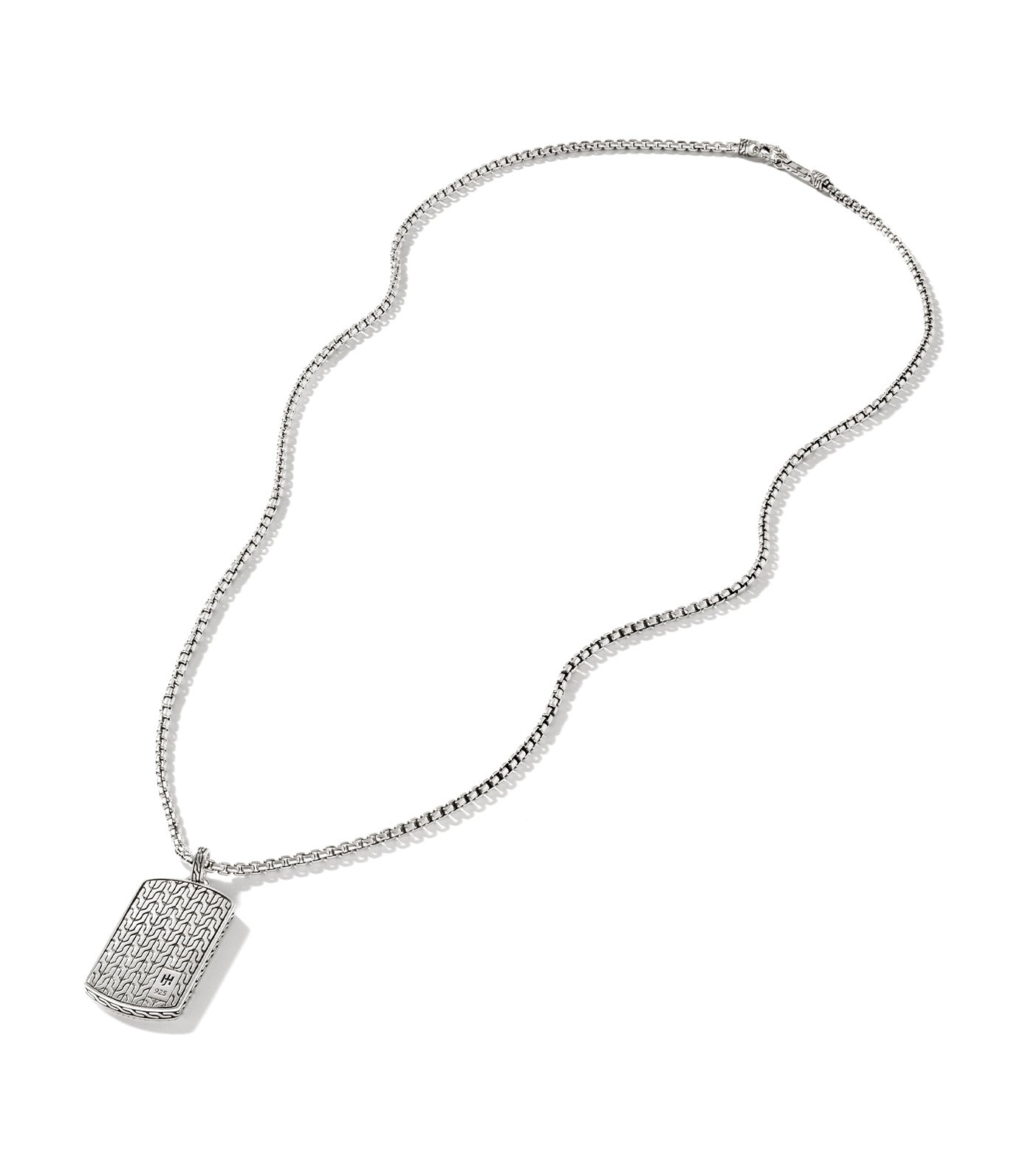 Carved Chain Dog Tag Pendant 2.7mm Box Chain Necklace Sterling Silver 24 Inches