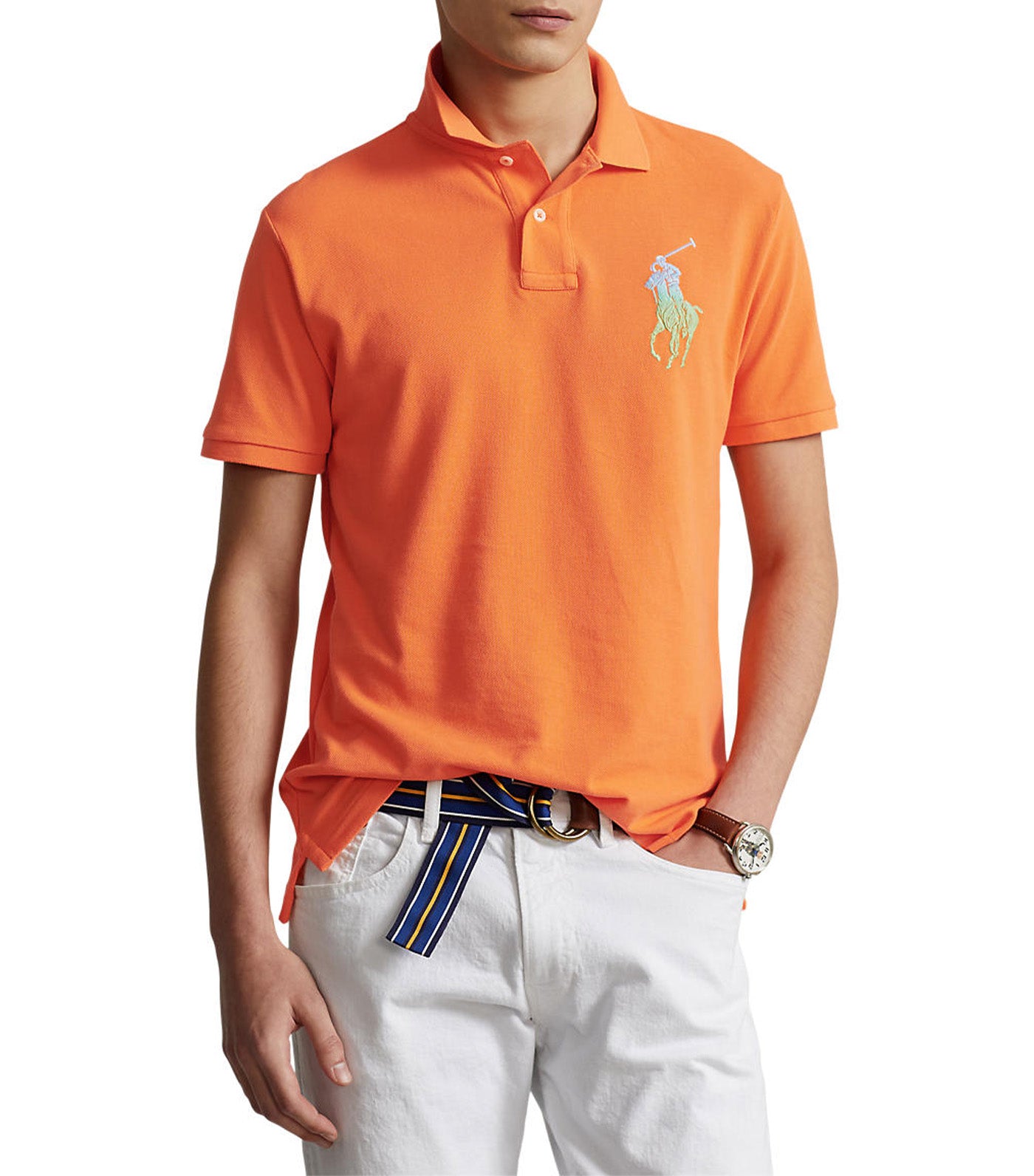 Men’s Custom Slim Fit Big Pony Mesh Polo Shirt Orange