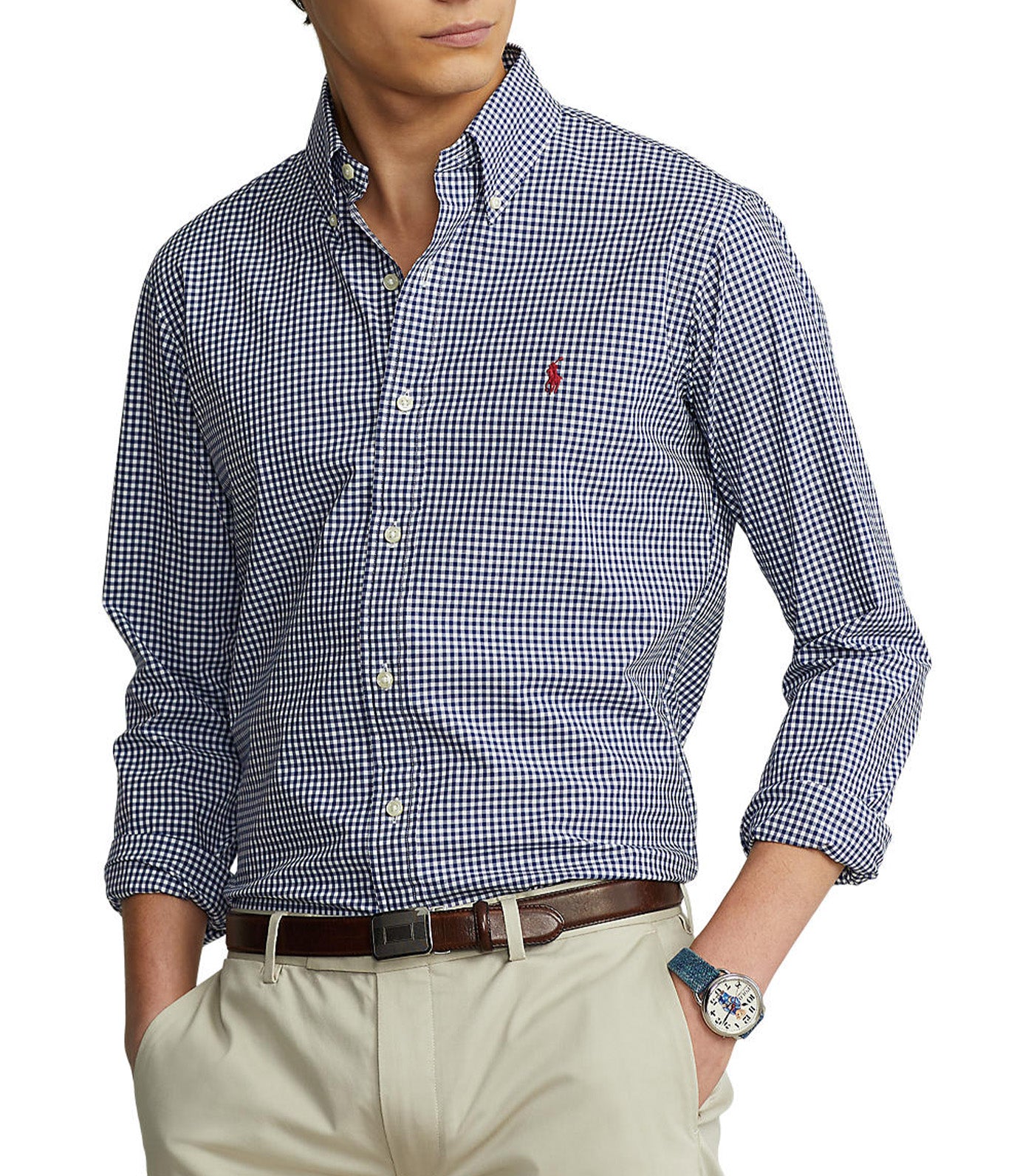 Men’s Custom Fit Gingham Stretch Poplin Shirt Navy