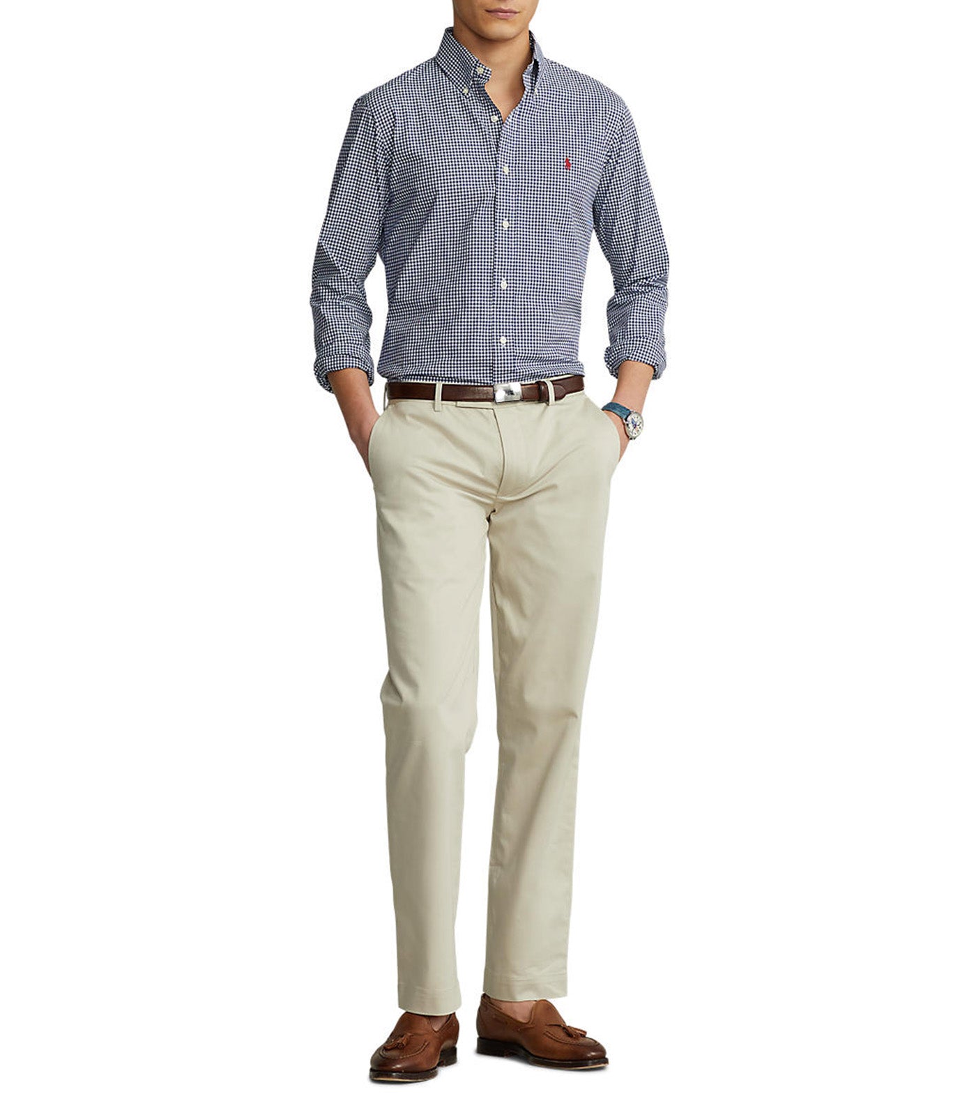 Men’s Custom Fit Gingham Stretch Poplin Shirt Navy