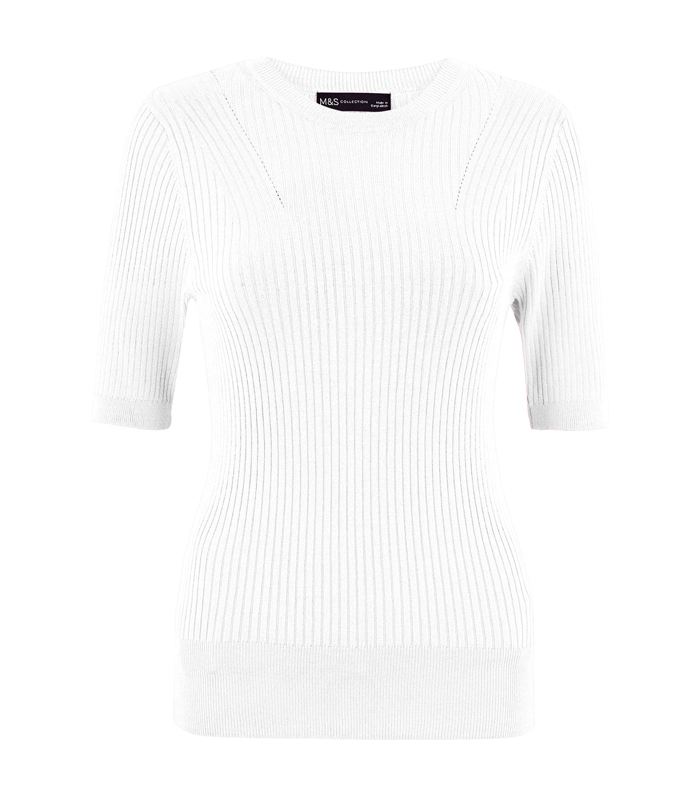 Ribbed Crew Neck Fitted Short Sleeve Sweater Soft White