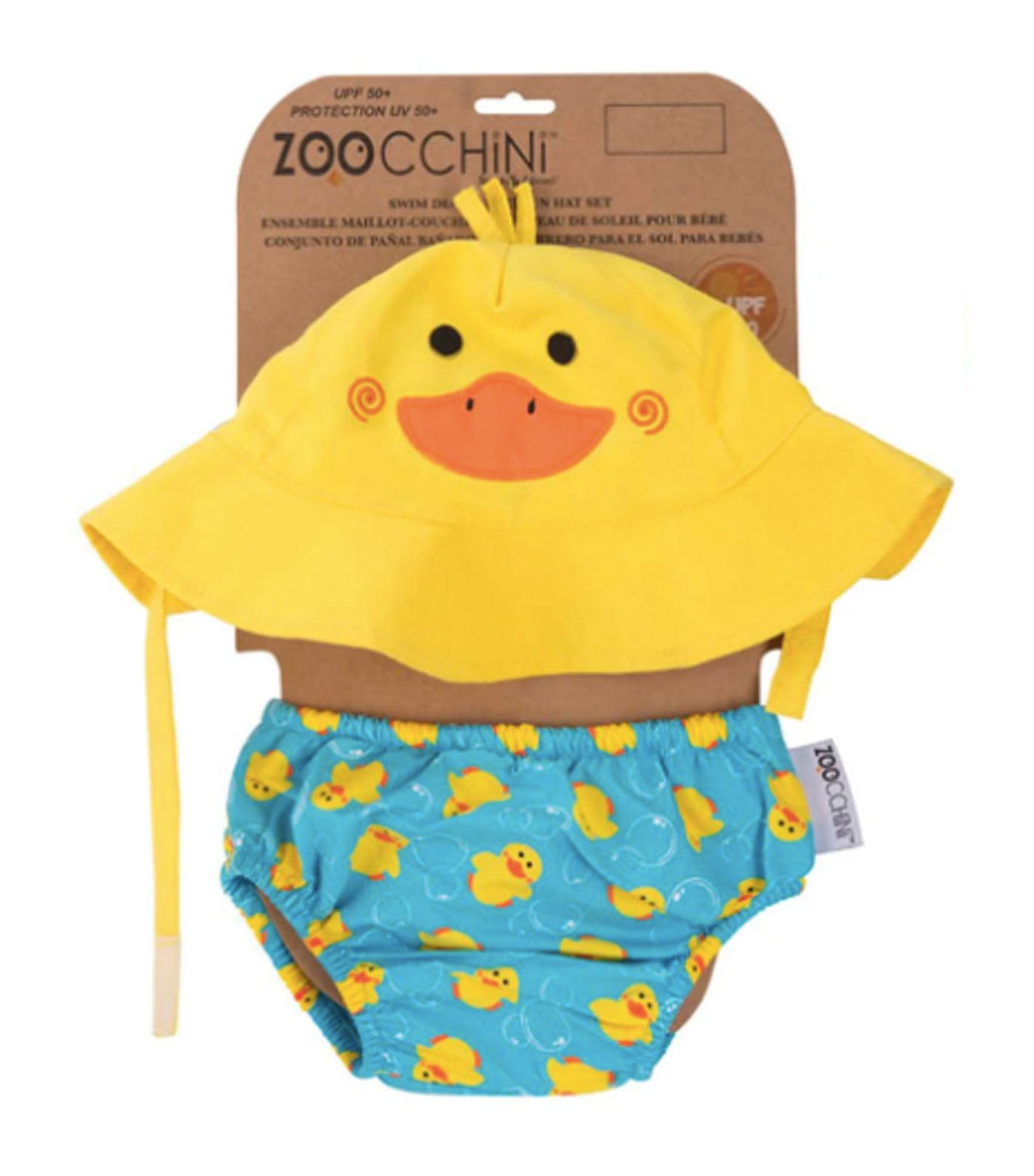 lulujo up50+ yellow and blue baby swim diaper and sun hat set - puddles the duck