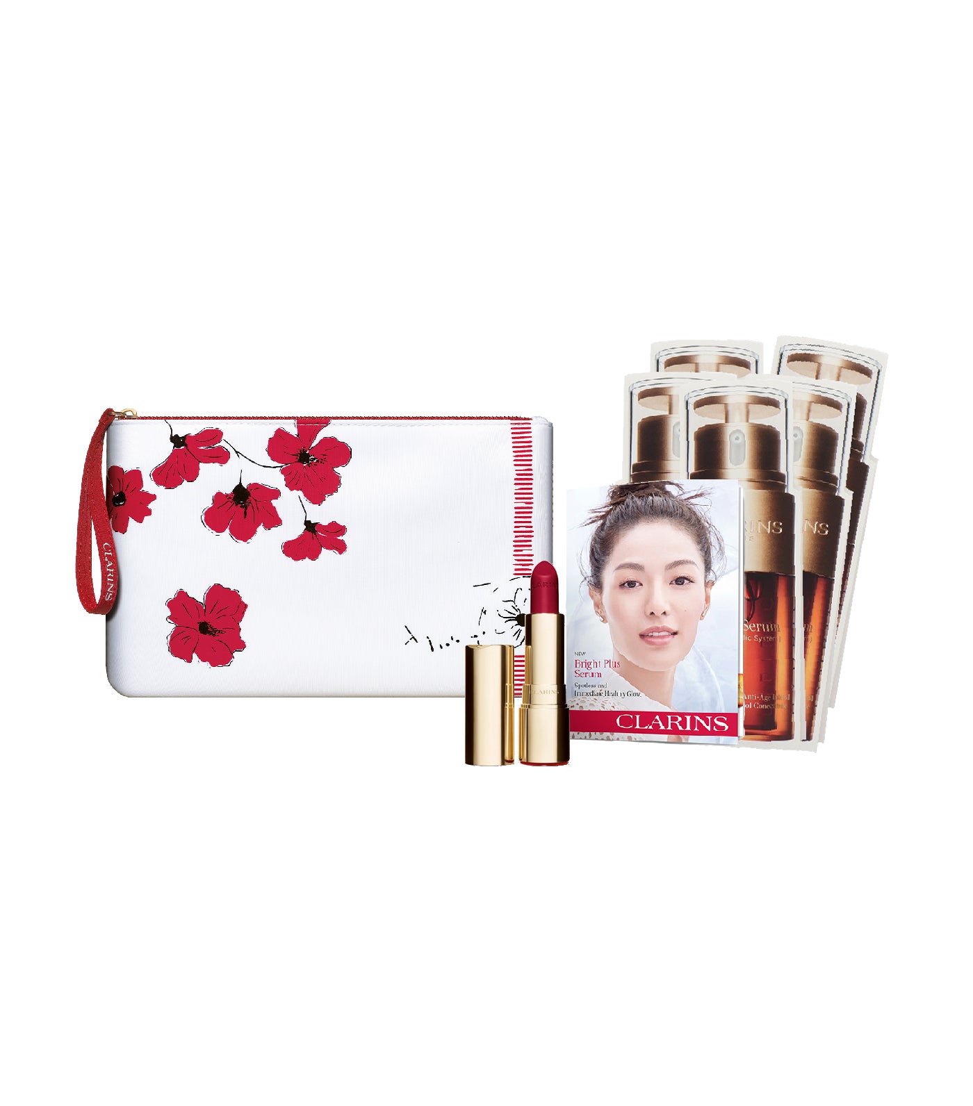 Clarins Free 9-piece Hibiscus Pouch & Joli Rogue Velvet Deep Red Set