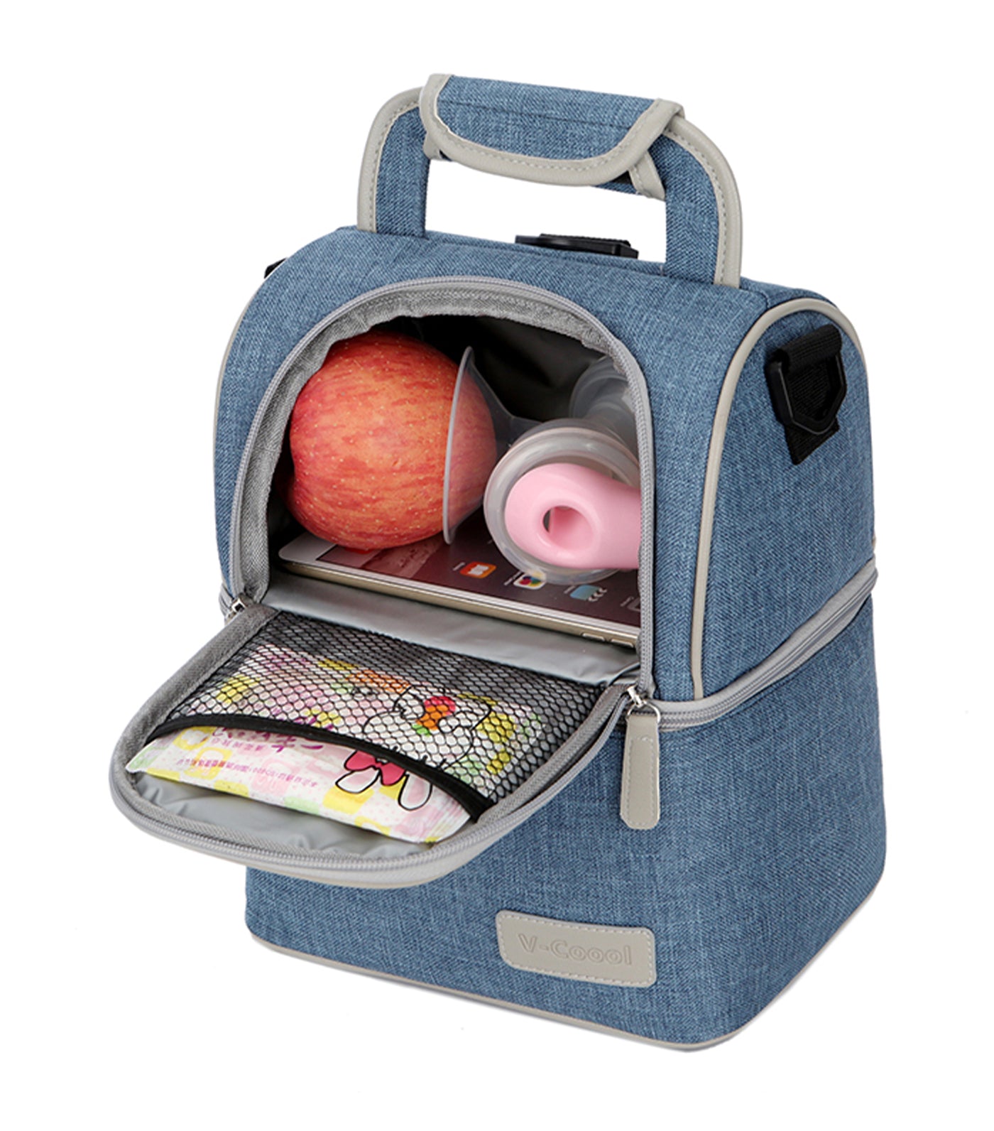v-coool denim blue breast pump insulated cooler backpack