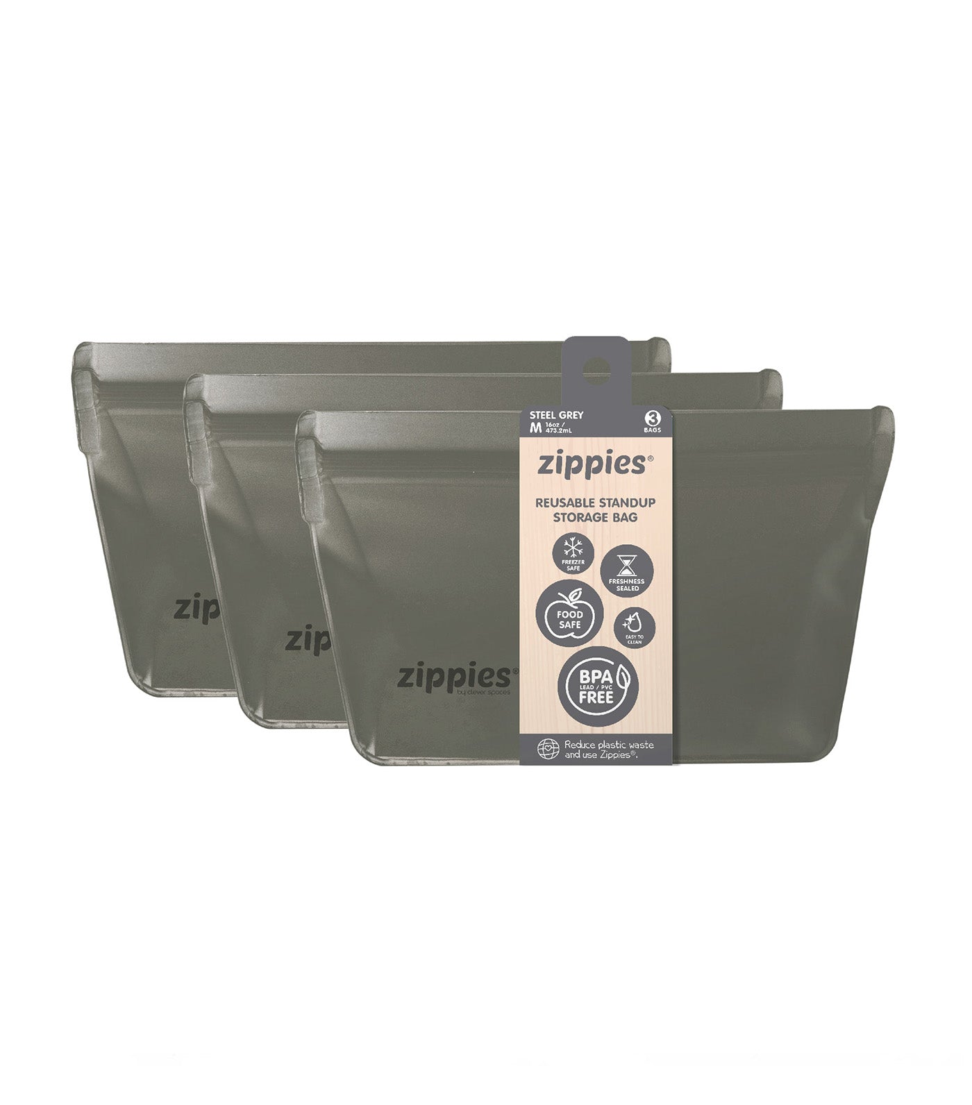 3-Piece Reusable Standup Storage Bags - Steel Grey