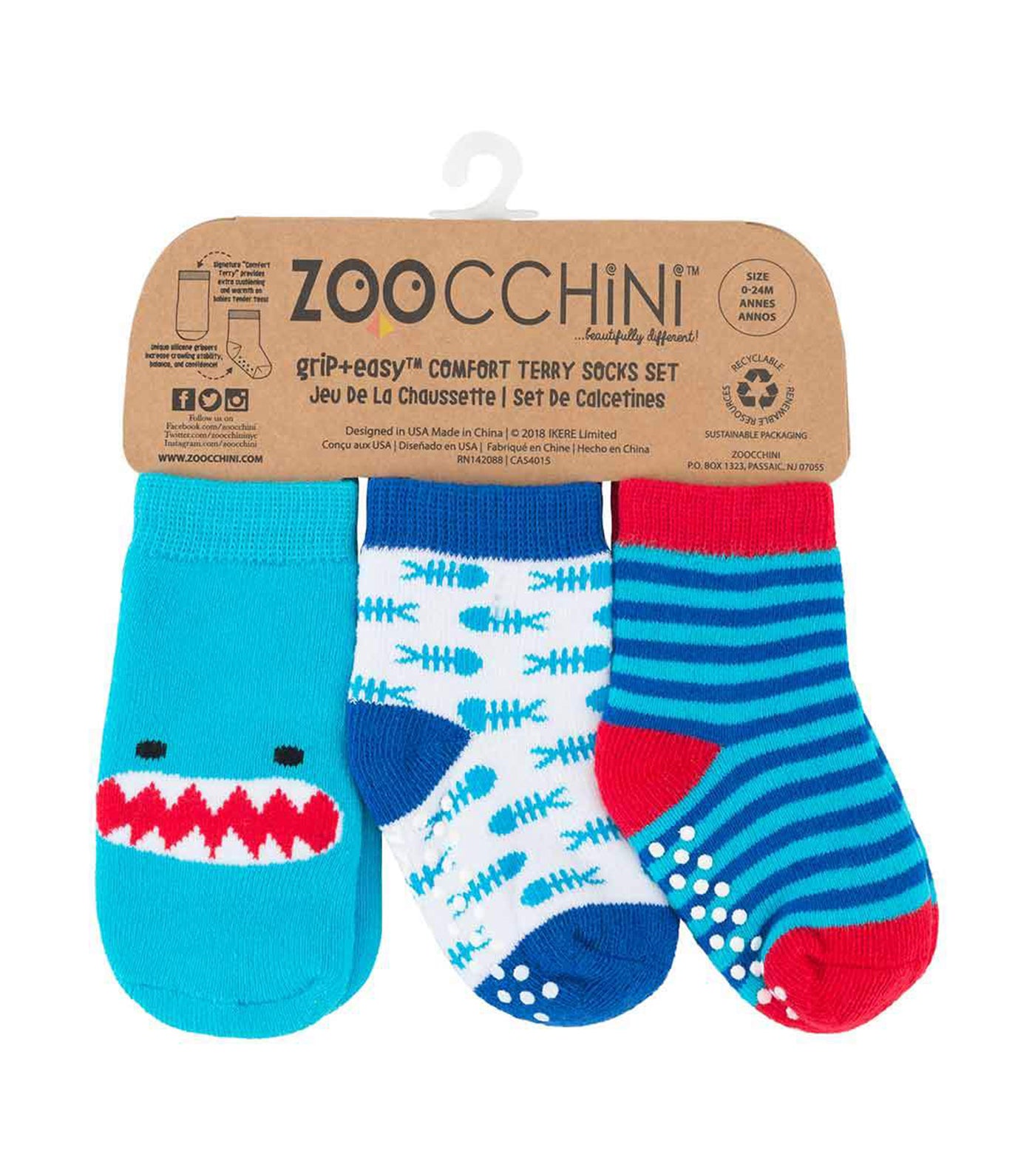 zoocchini baby comfort socks set - sherman the shark (set of 3)