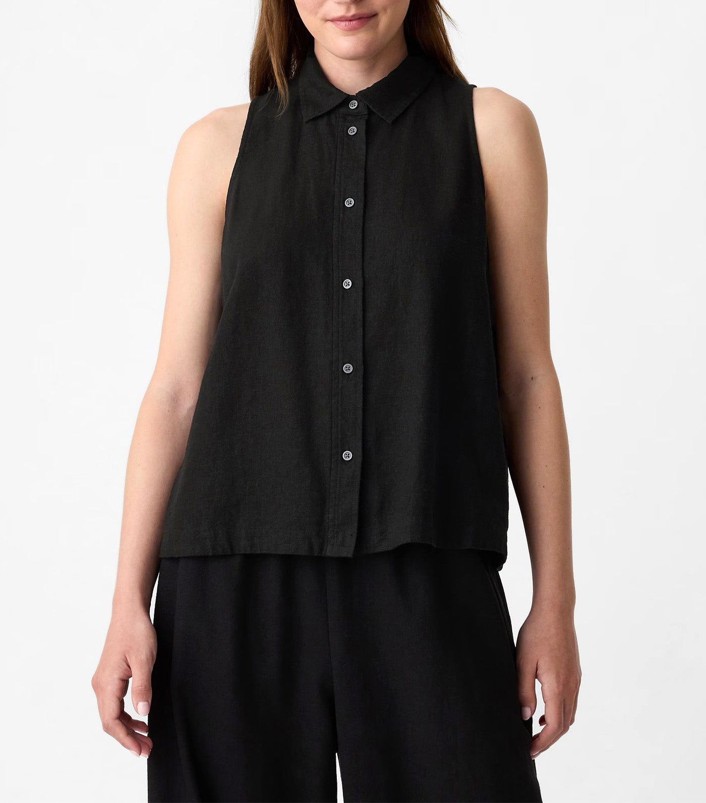 Sleeveless Linen-Blend Cropped Shirt Black