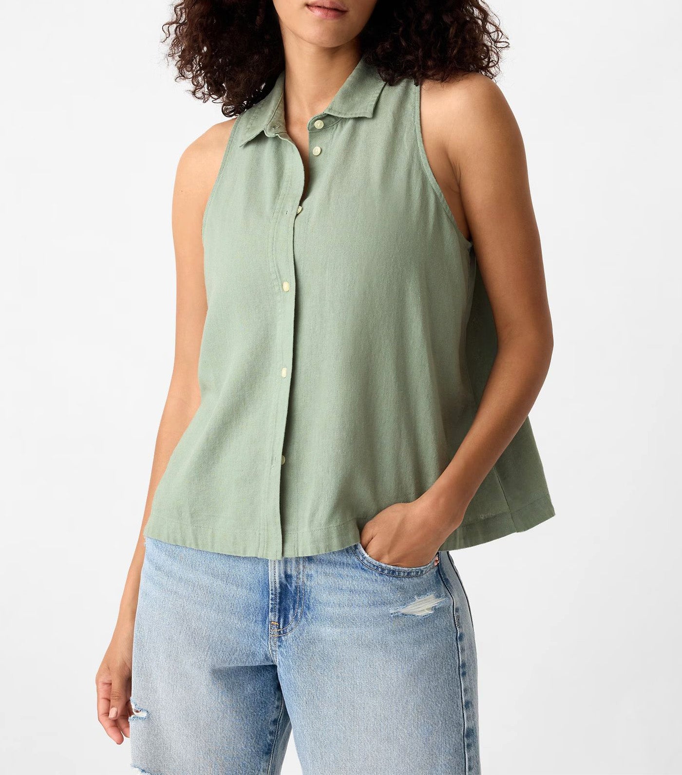 Sleeveless Linen-Blend Cropped Shirt Sage