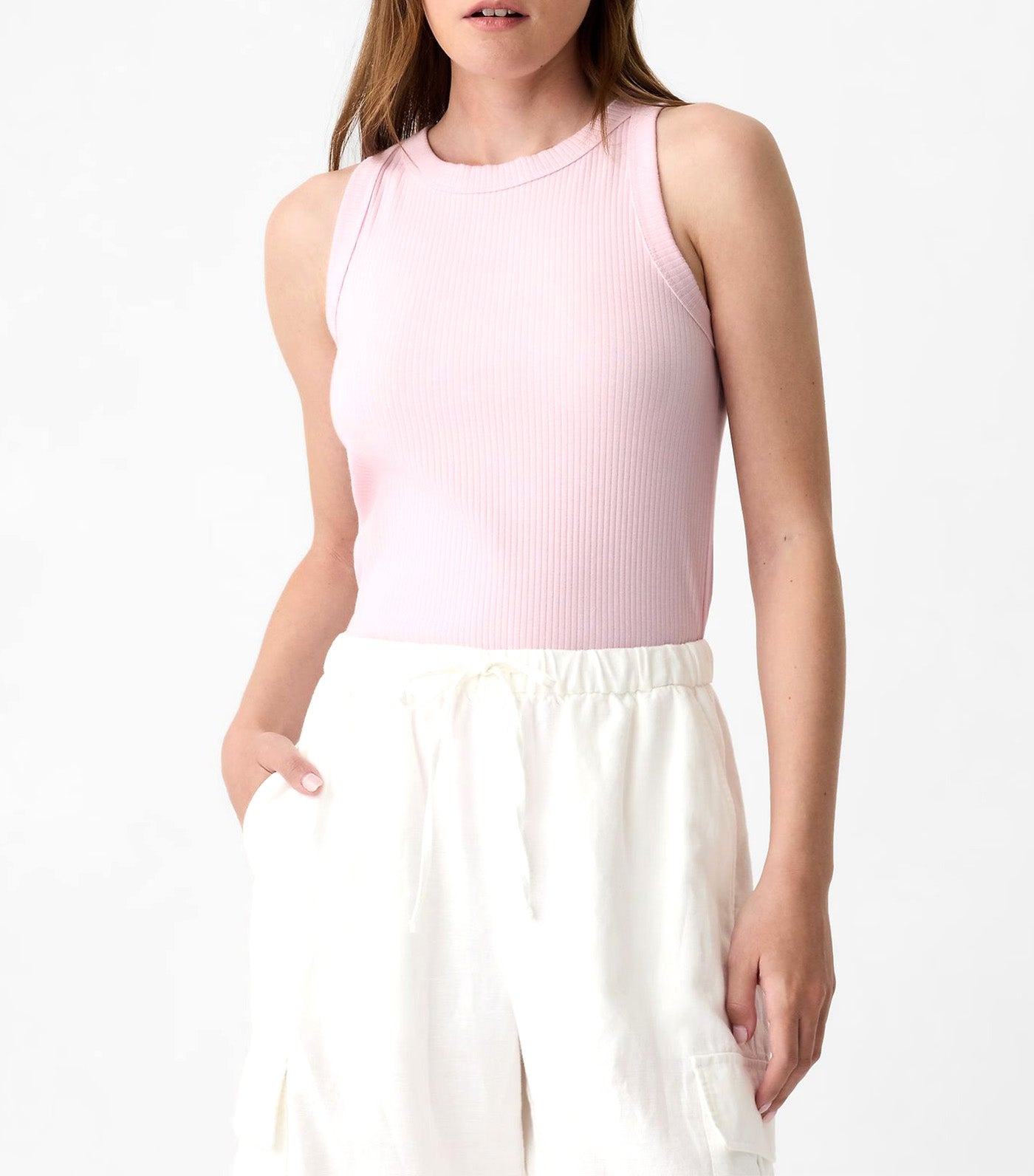 Ribbed High Neck Tank Light Peony