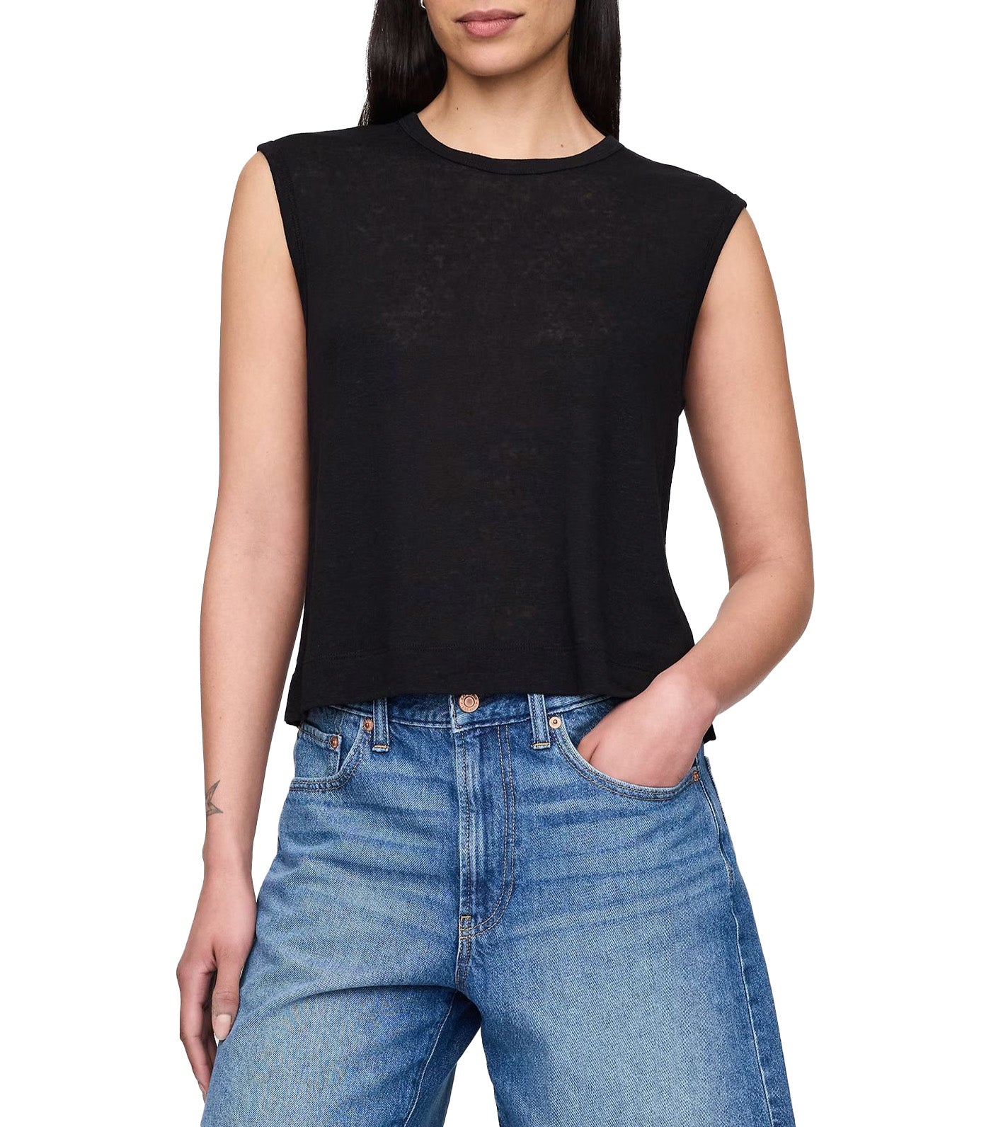 Linen-Blend Crewneck Shell Tank Top