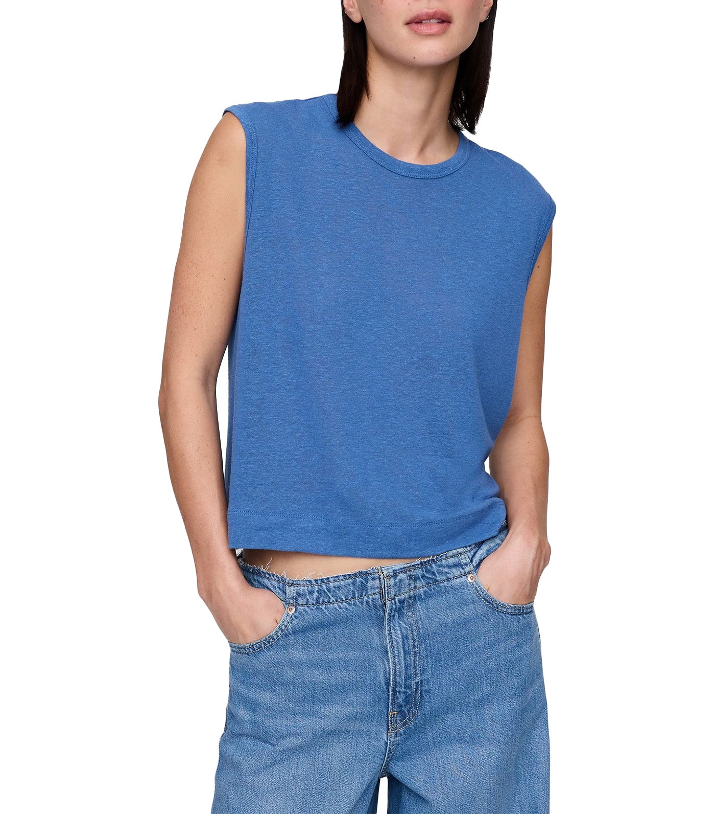 Linen-Blend Crewneck Shell Tank Top