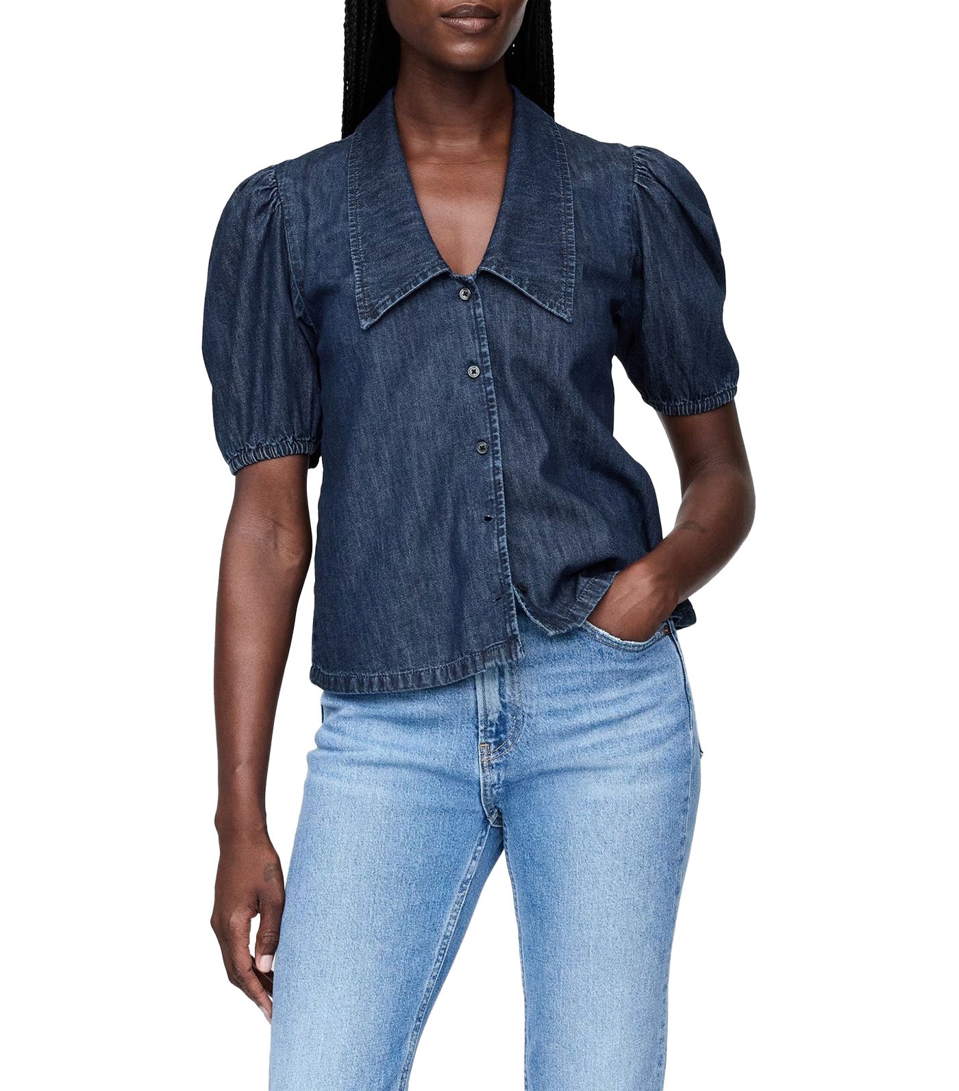 Denim Puff-Sleeve Collared Shirt