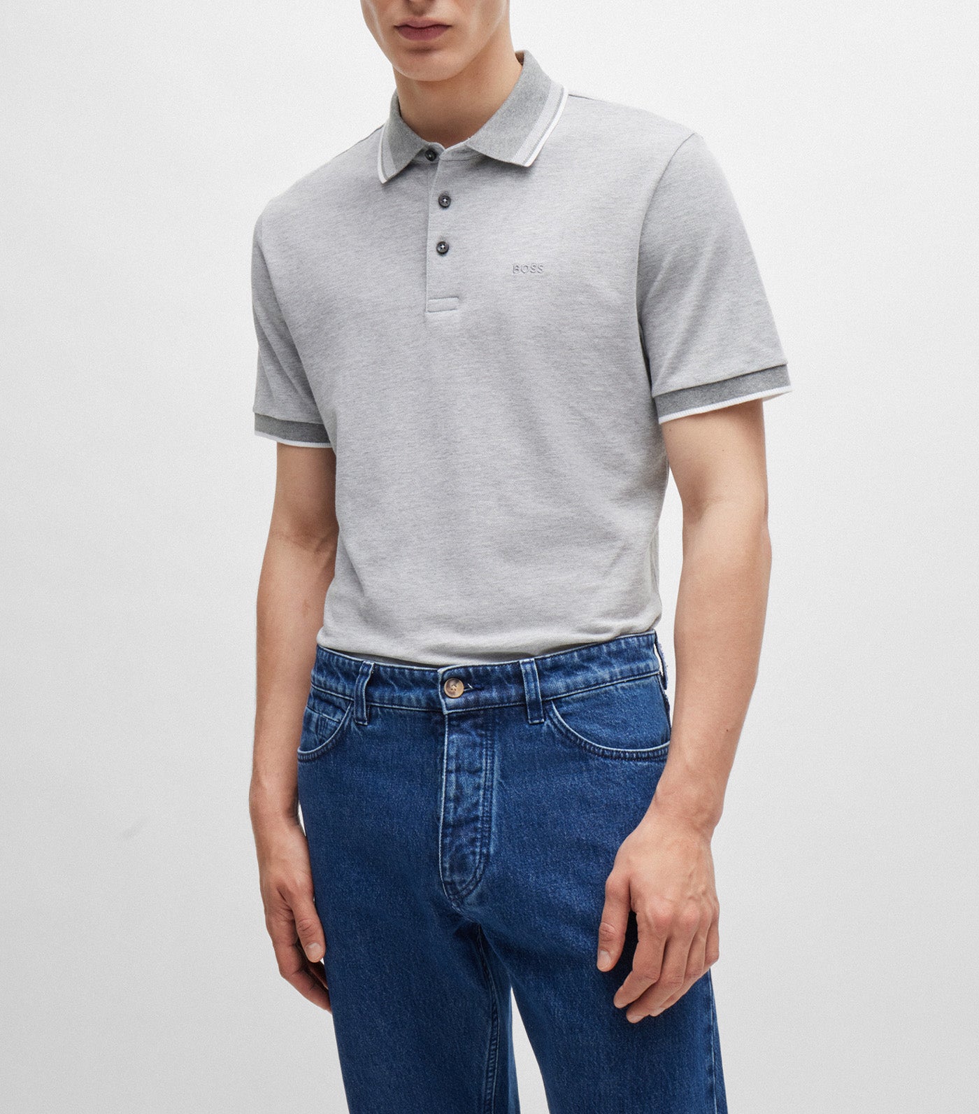 BOSS Oxford-Cotton-Piqué Polo Shirt with Logo Detail Silver | Rustan's
