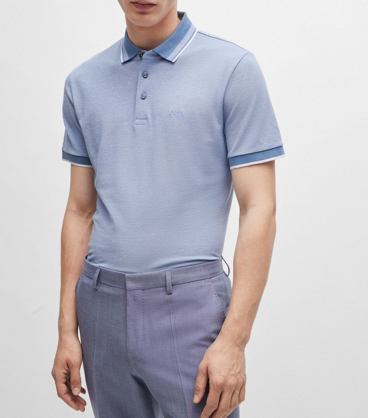 Oxford-Cotton-Piqué Polo Shirt with Logo Detail Open Blue