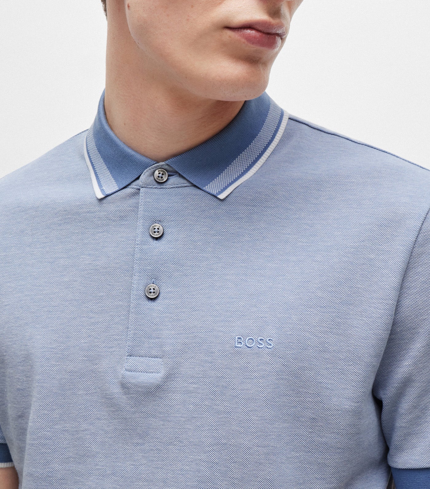 Oxford-Cotton-Piqué Polo Shirt with Logo Detail Open Blue