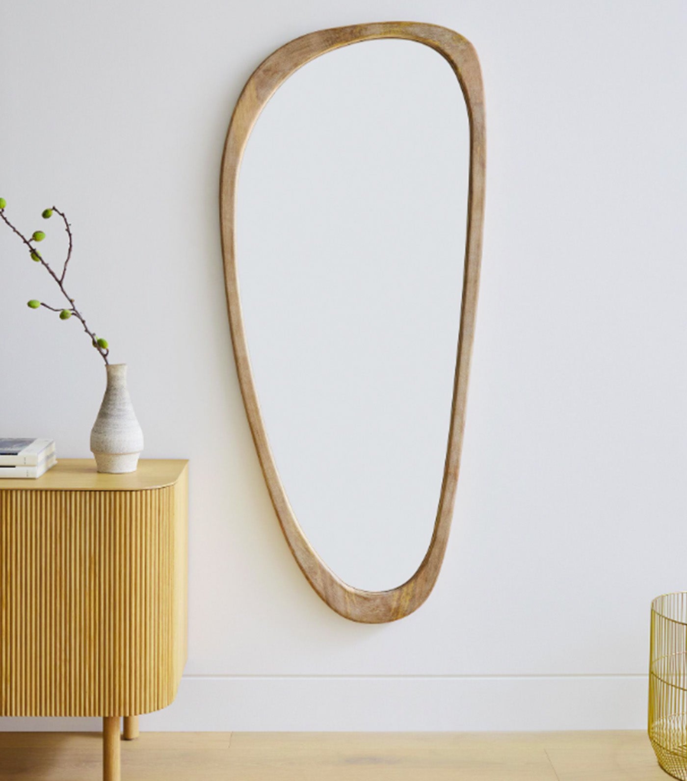 Mid-Century Asymmetrical Wood Floor Mirror Cerused White