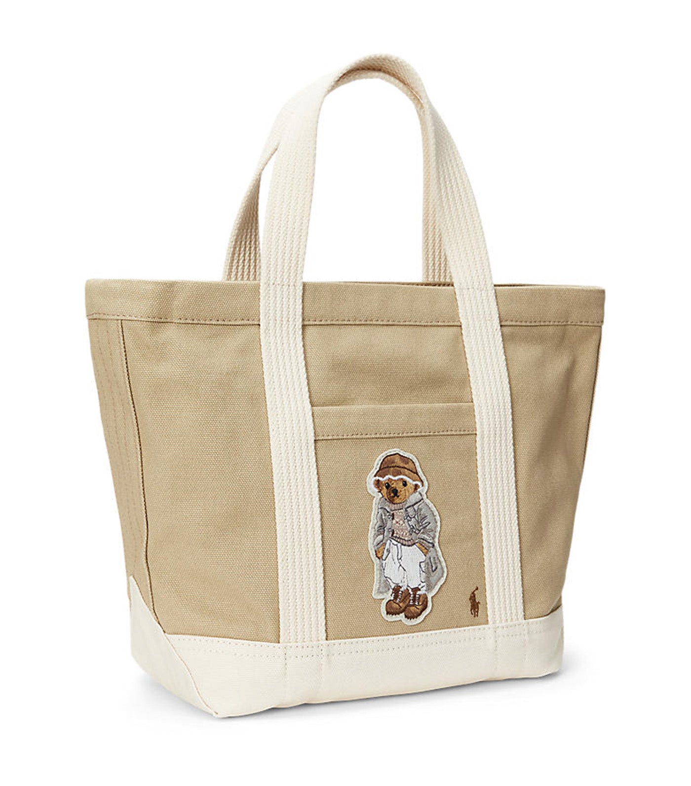 Women's Canvas Small Polo Bear Tote Tan/Ecru