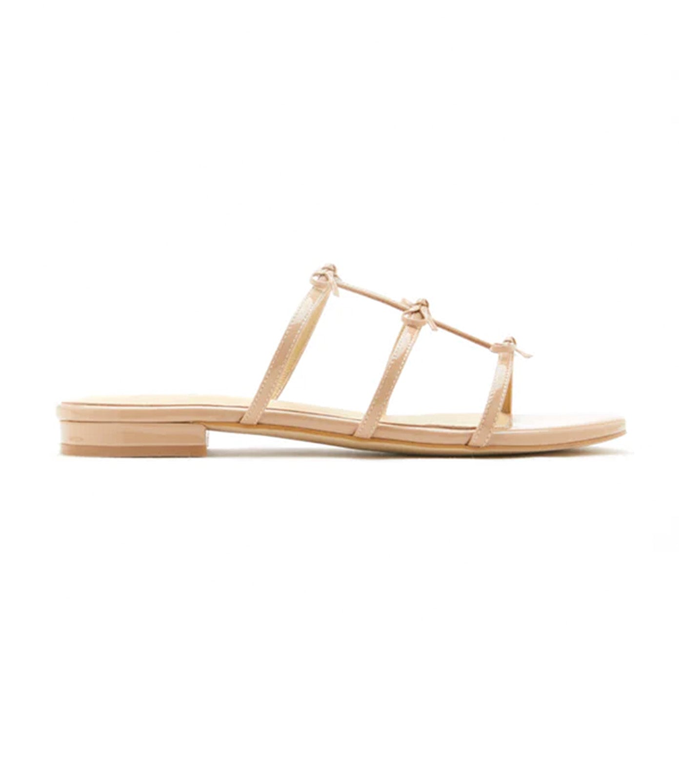 Elena Bow Cage Patent Leather Slides Almond