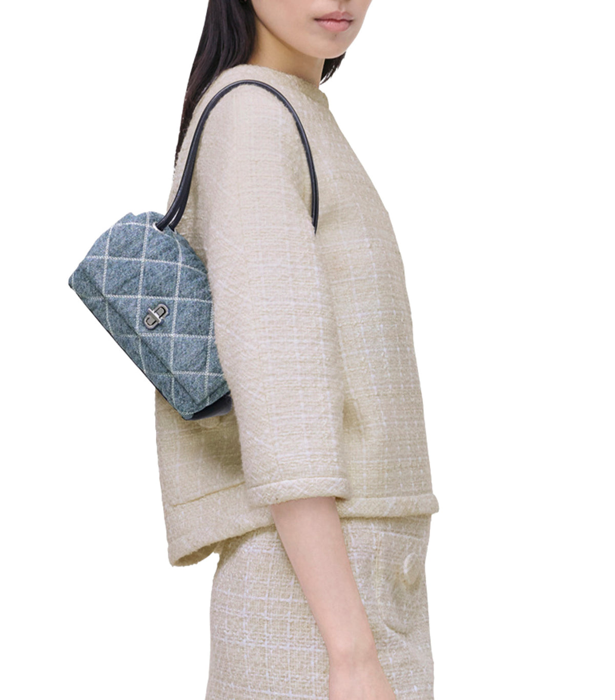 Quilted Denim Mini Dual Shoulder Bag Light Wash Indigo