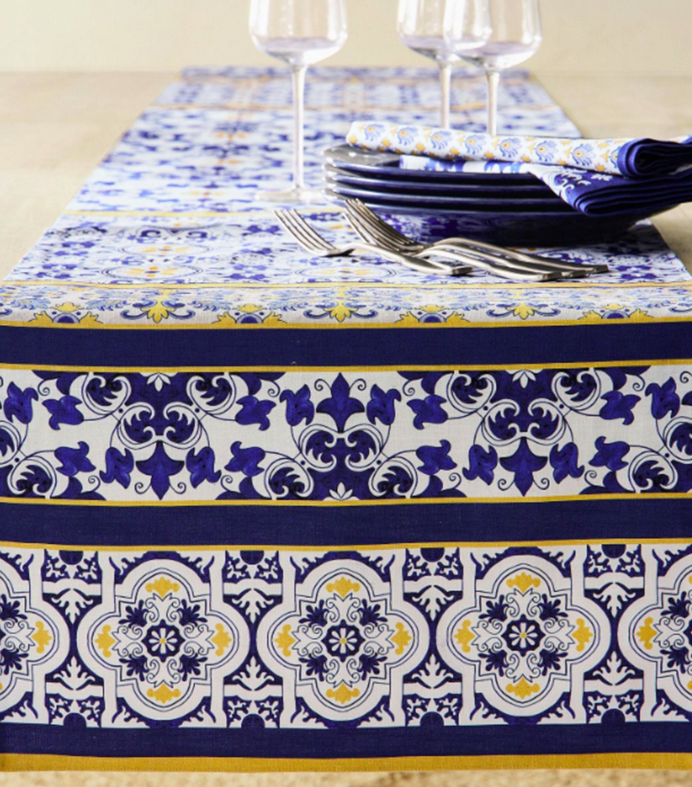Mosaic Organic Cotton Table Runner Blue Multi