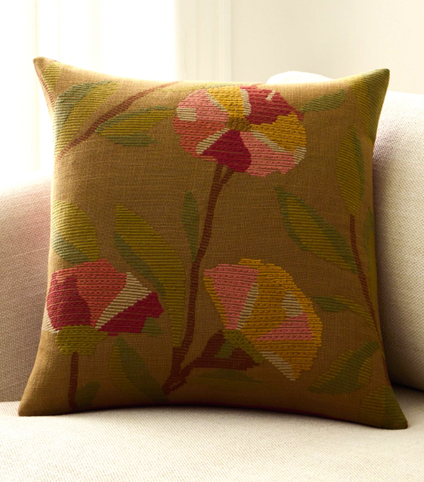 Embroidered Ribbed Floral Pillow Cover Dark Honey