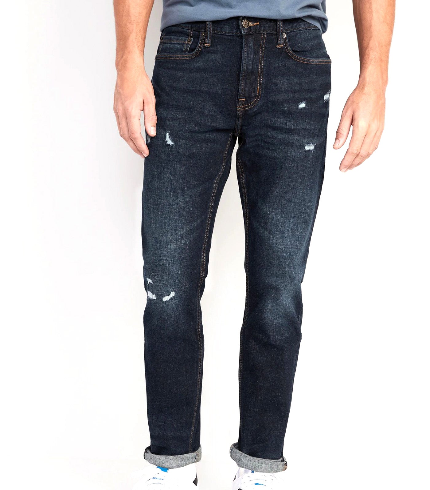 Relaxed Slim Taper Built-In Flex Rip & Repair Jeans for Men Dark Wash