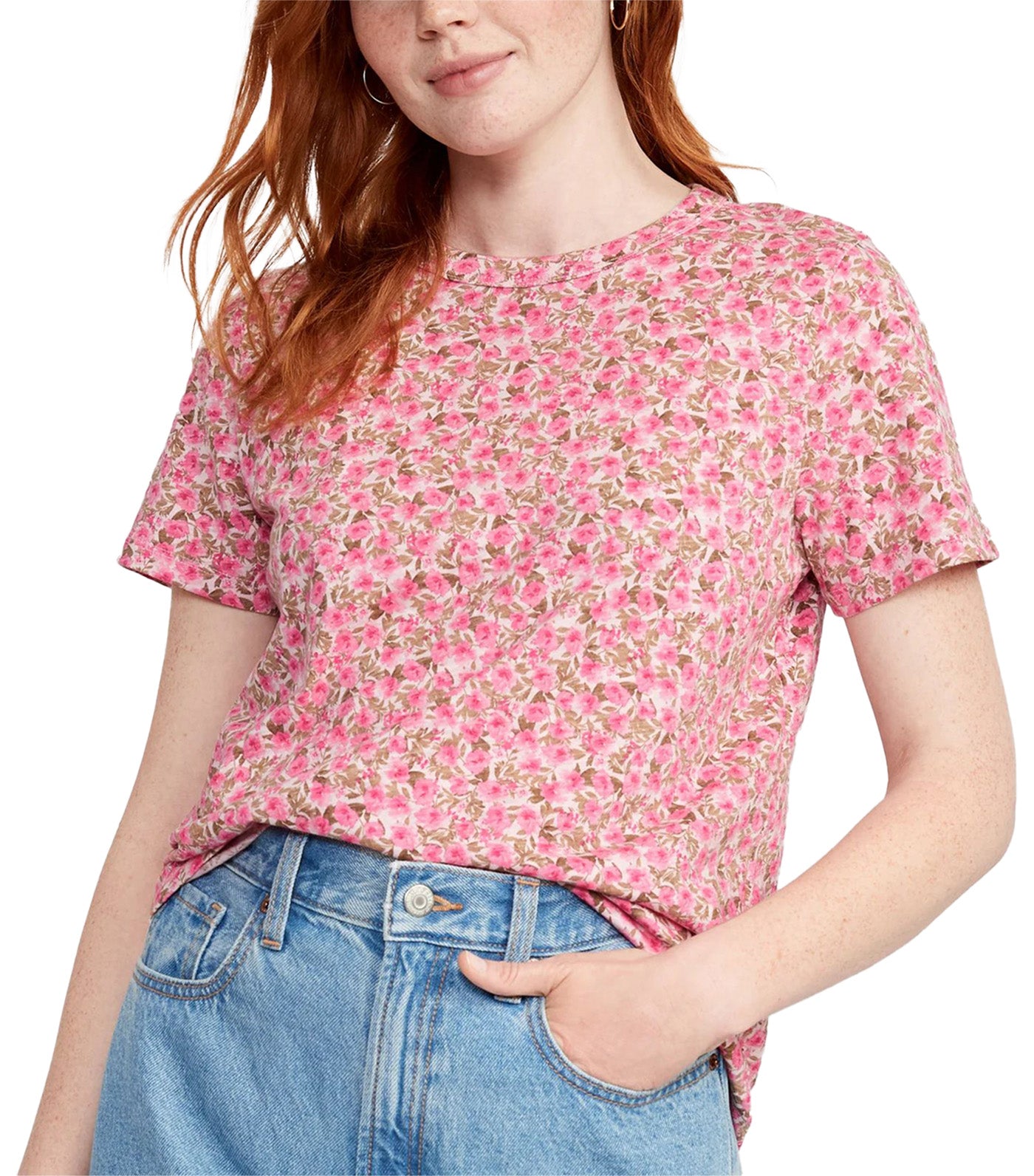EveryWear Printed Slub-Knit T-Shirt for Women Pink Floral Combo