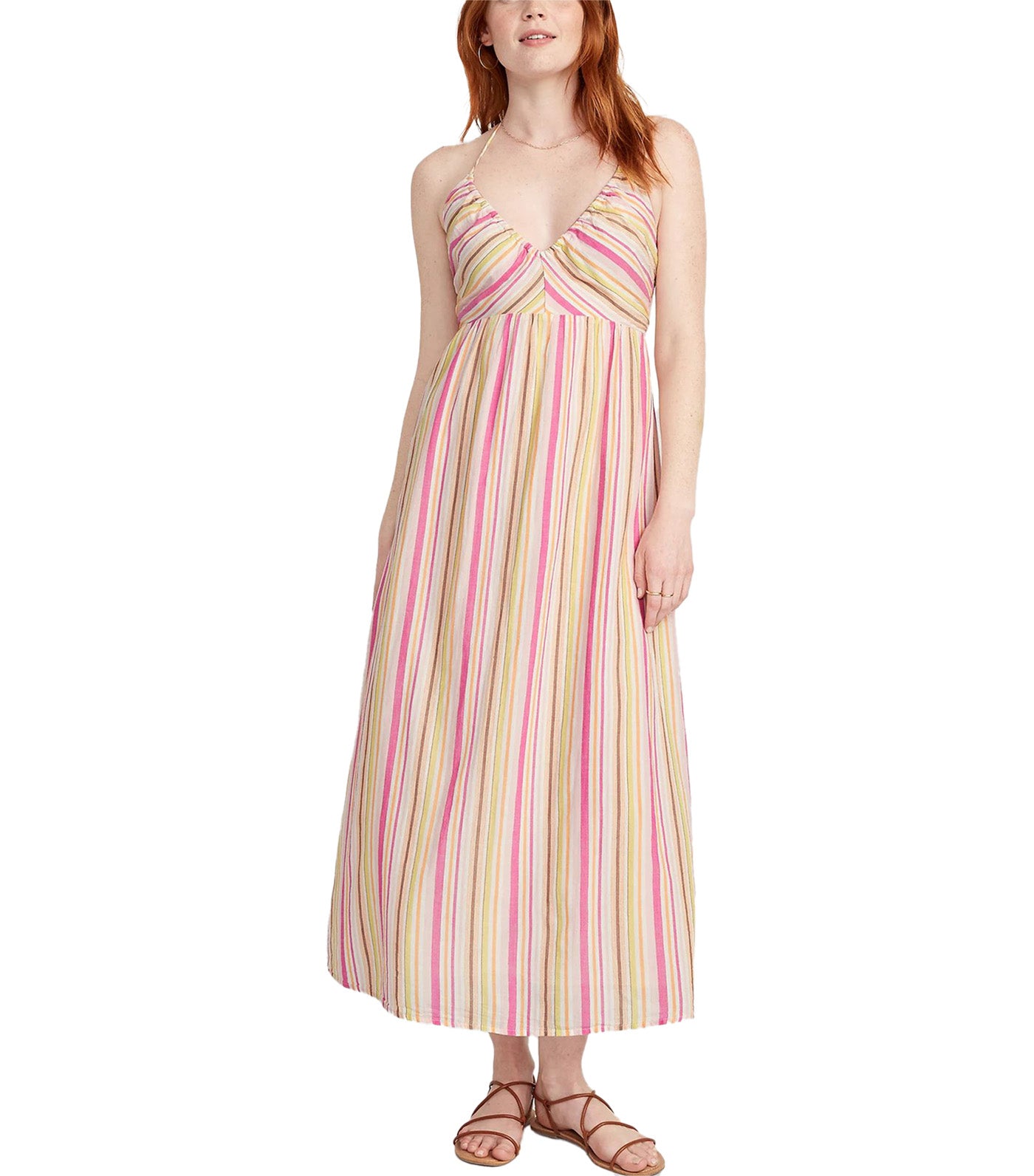 Fit & Flare Striped Halter Maxi Dress for Women Pink Multi Stripe
