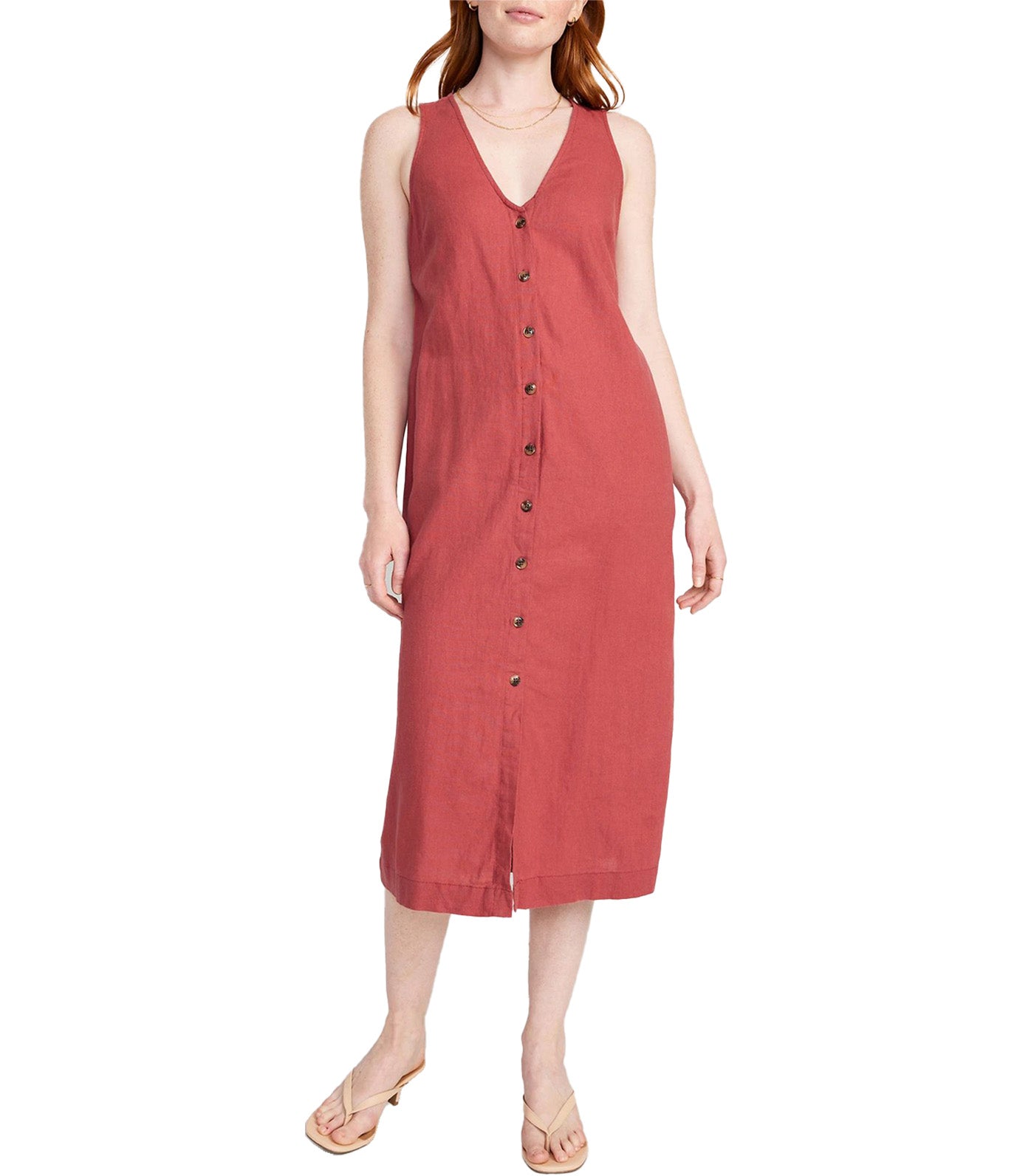 Sleeveless Button-Front Linen-Blend Maxi Shift Dress for Women Mineral Rouge