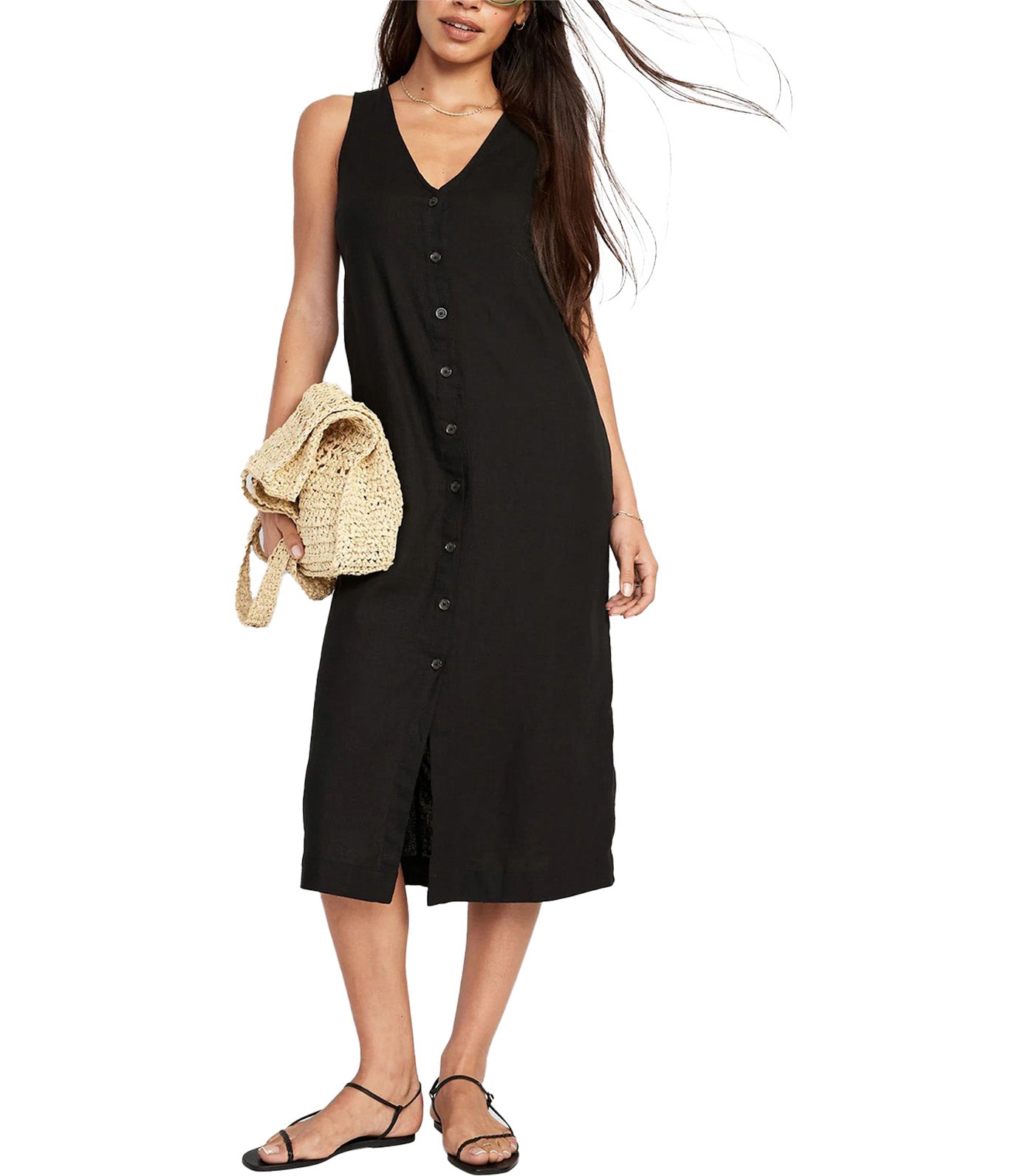 Sleeveless Button-Front Linen-Blend Maxi Shift Dress for Women Black Jack