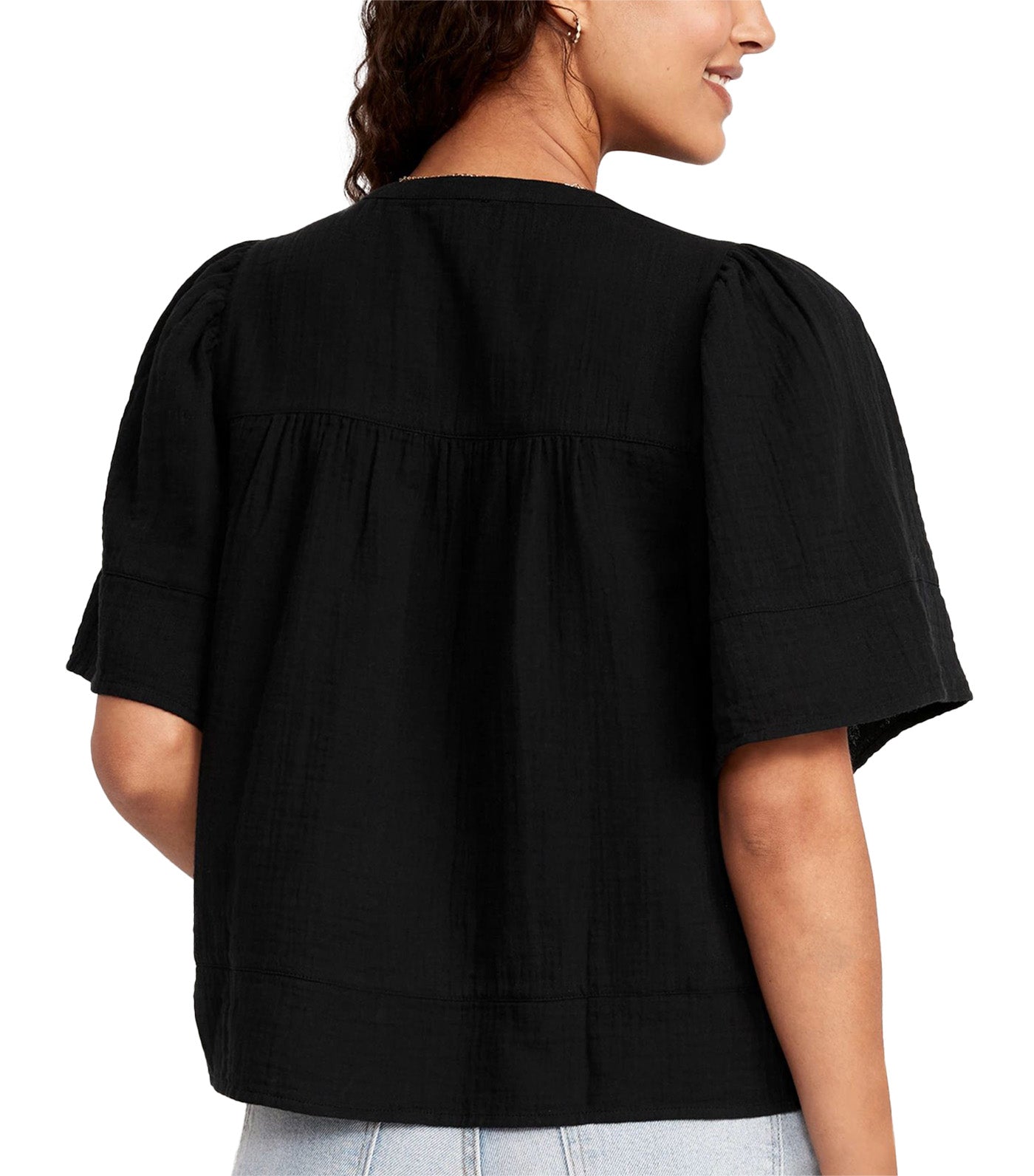 Flutter-Sleeve Textured V-Neck Swing Top for Women Black Jack