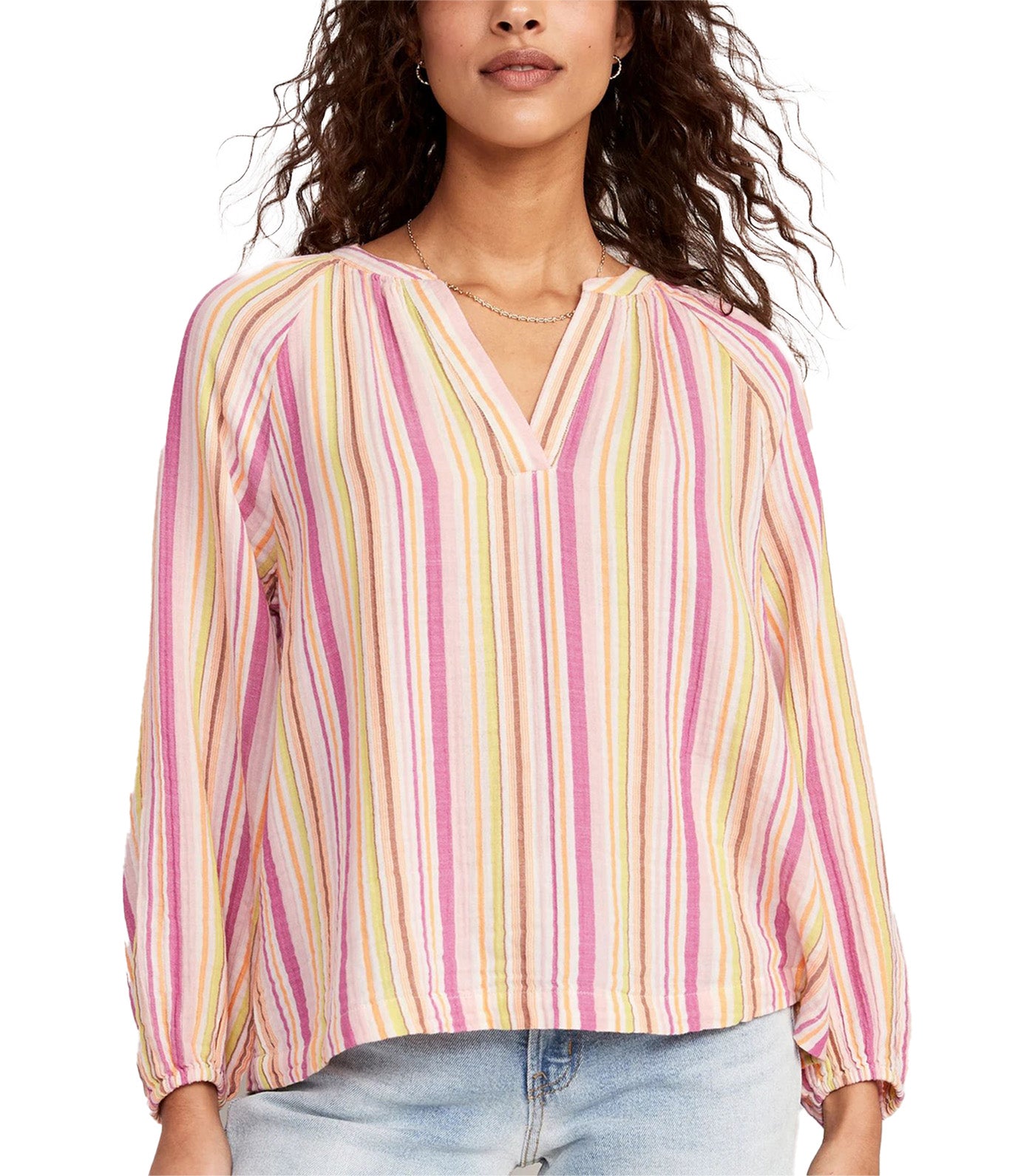 Long-Sleeve Striped Split-Neck Top for Women Pink Multi Stripe