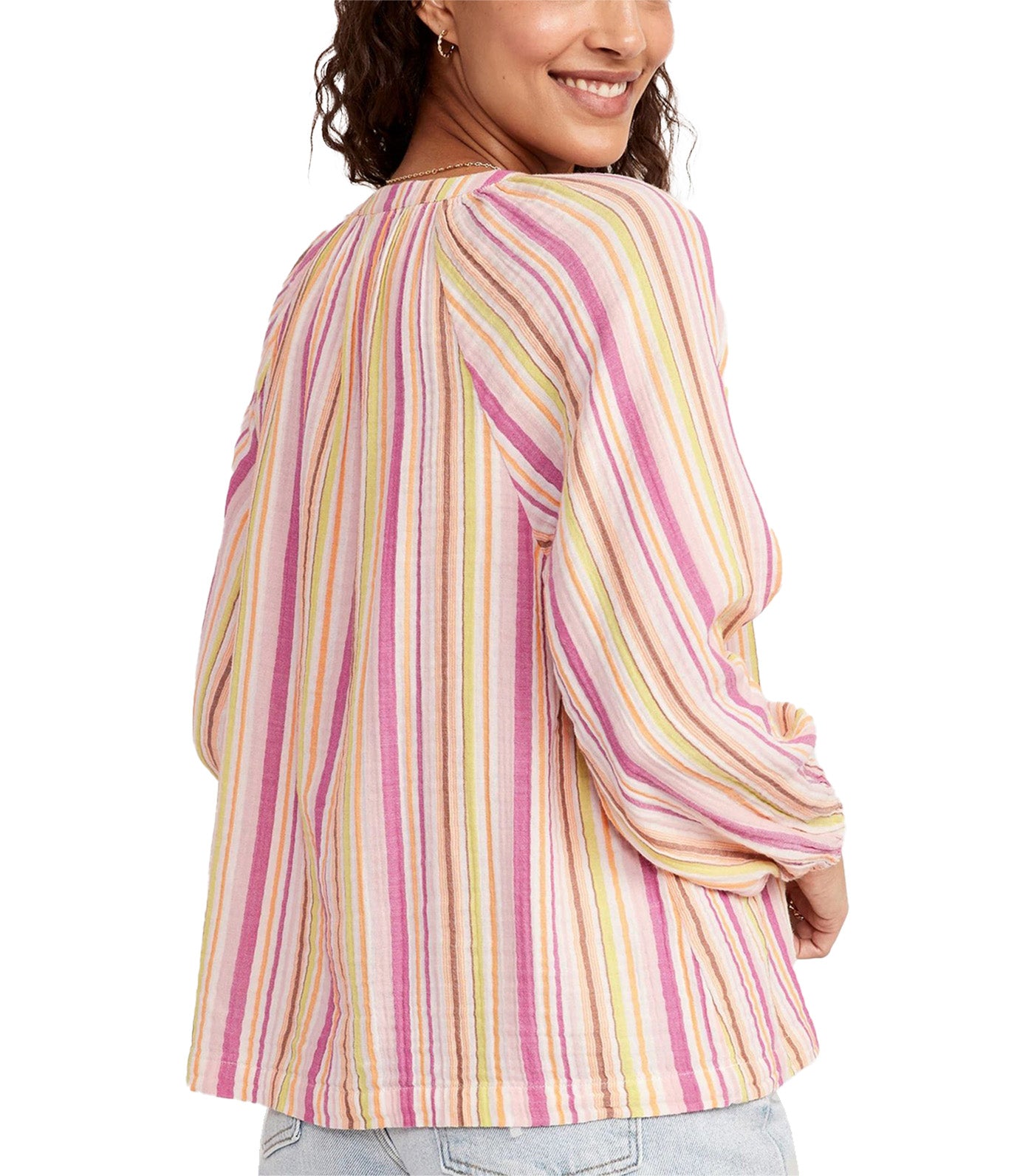 Long-Sleeve Striped Split-Neck Top for Women Pink Multi Stripe