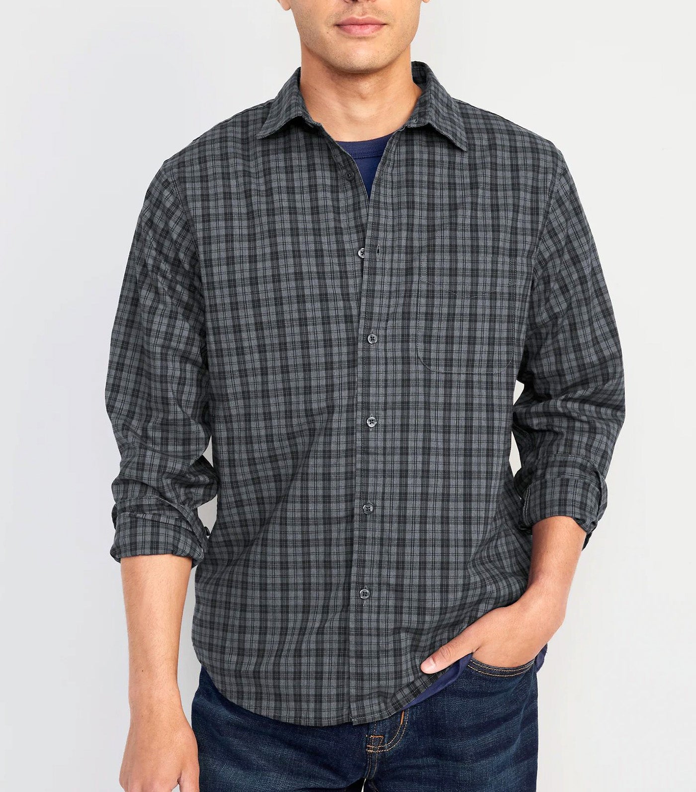 Regular-Fit Built-In Flex Patterned Everyday Shirt for Men Gray/Blue Plaid
